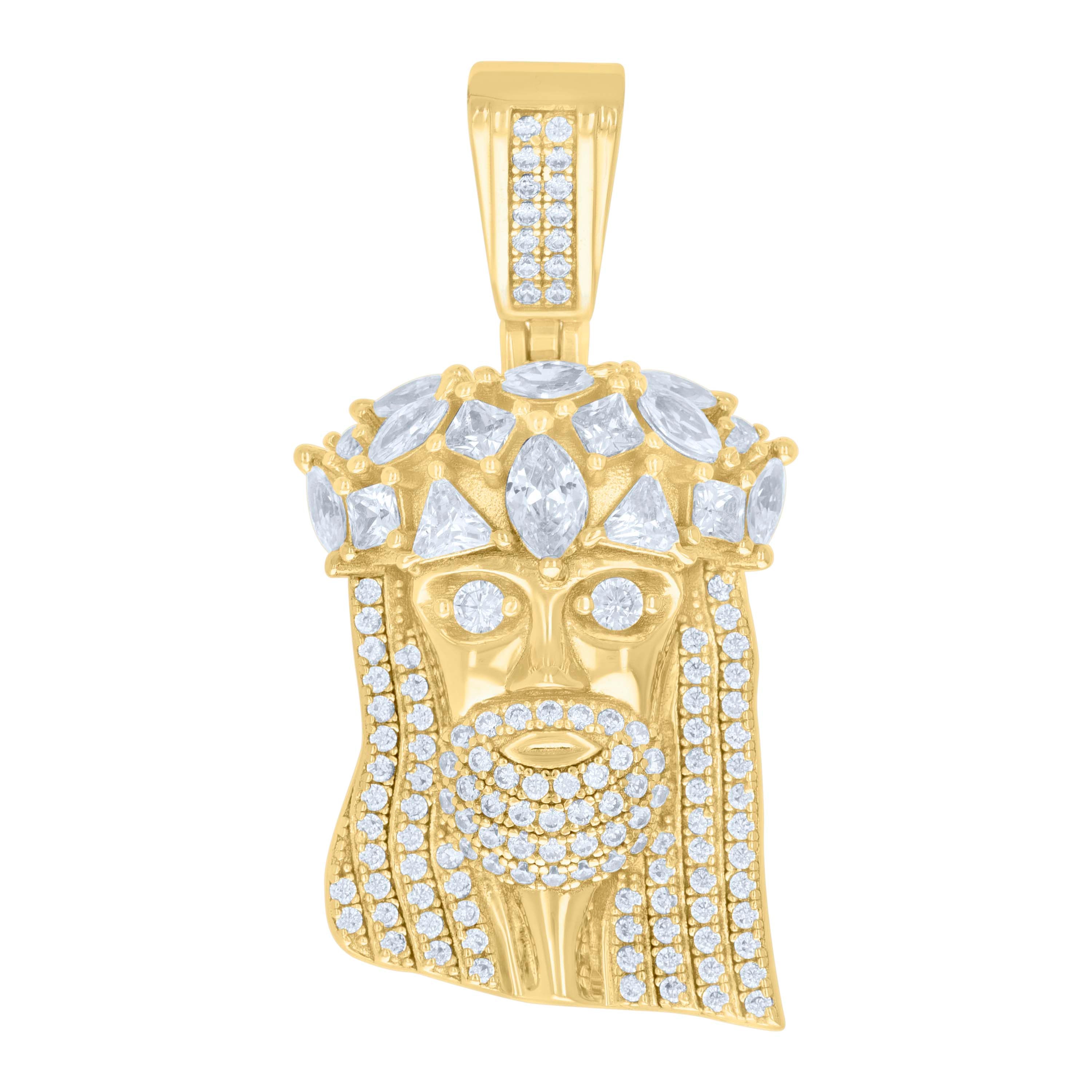 925 Sterling Silver Yellow-tone Mens Trillion, Princess-cut, Marquise Round Cubic-Zirconia Jesus Religious Charm Pendant