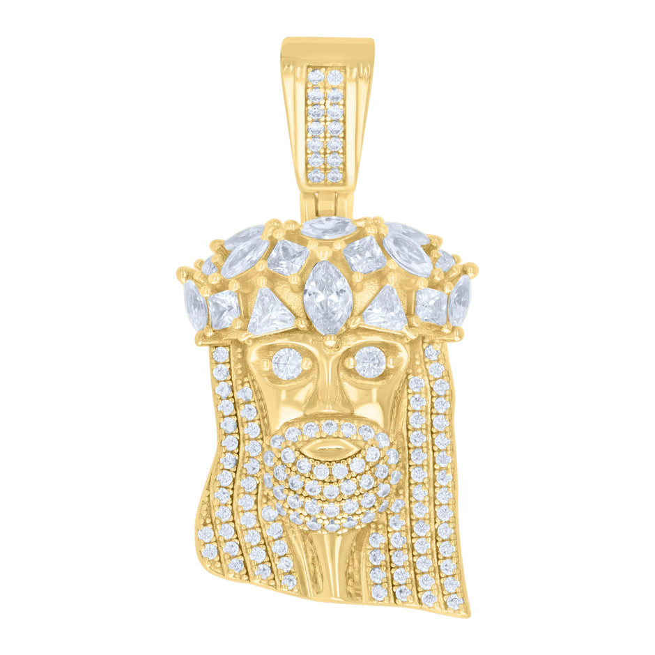 925 Sterling Silver Yellow-tone Mens Trillion, Princess-cut, Marquise Round Cubic-Zirconia Jesus Religious Charm Pendant