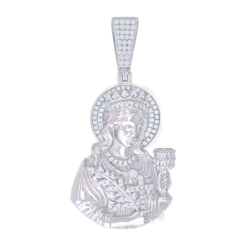 925 Sterling Silver Unisex Round Baguette Cubic-Zirconia ST. Barbara Religious Charm Pendant
