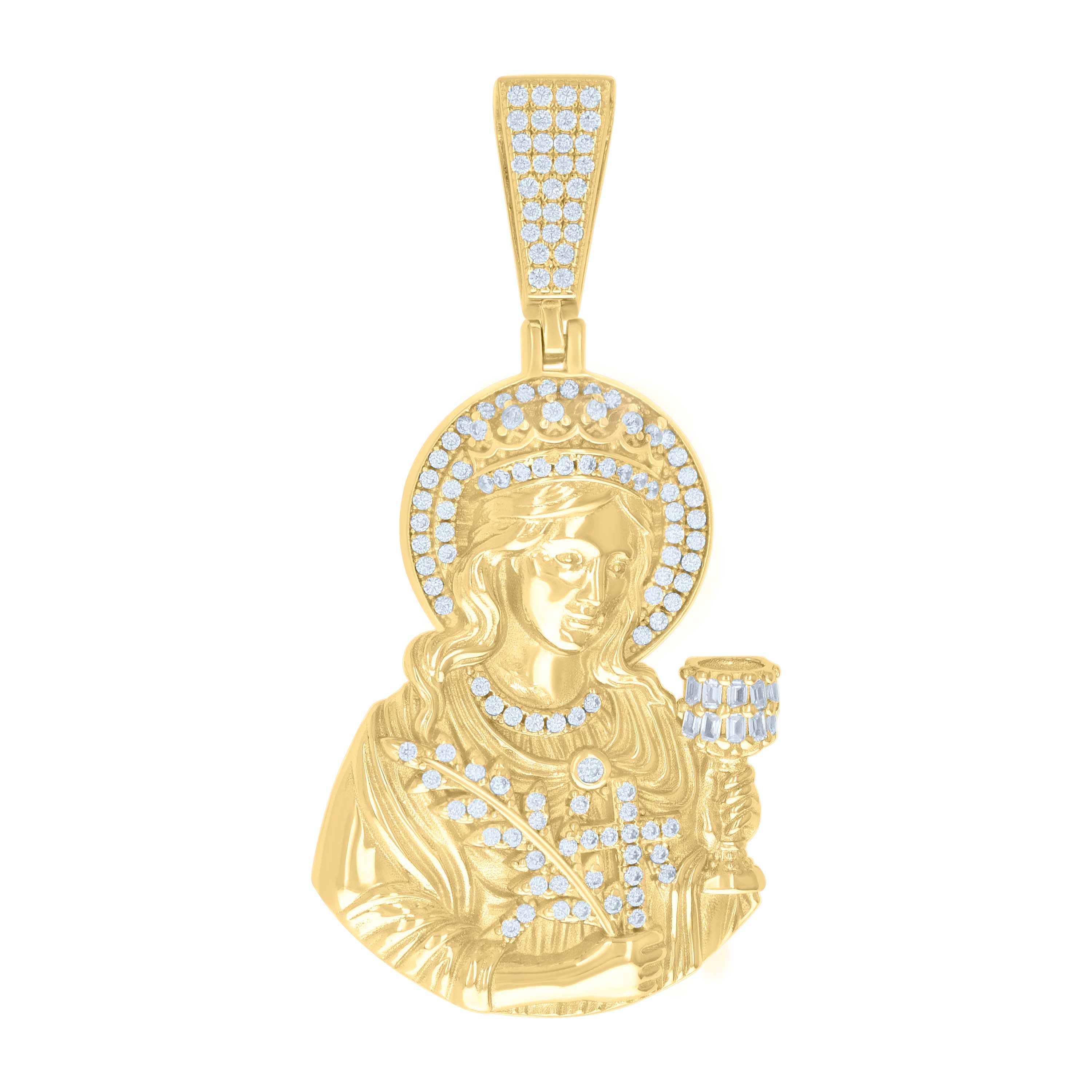 925 Sterling Silver Yellow-tone Mens Baguette Round Cubic-Zirconia St. Barbara Religious Charm Pendant