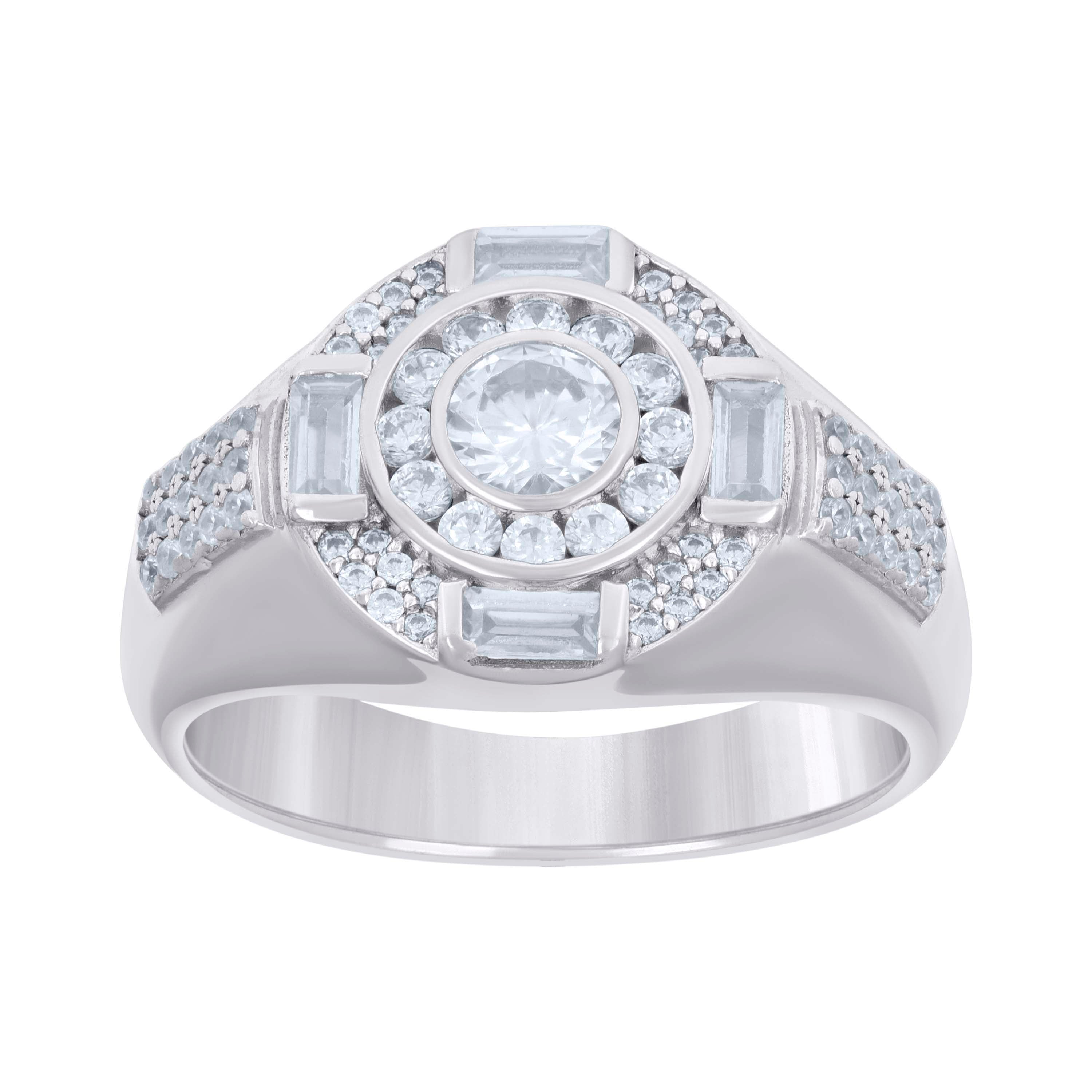 925 Sterling Silver Mens Baguette Round Cubic-Zirconia Fashion Ring Size 10 - SLV-131378