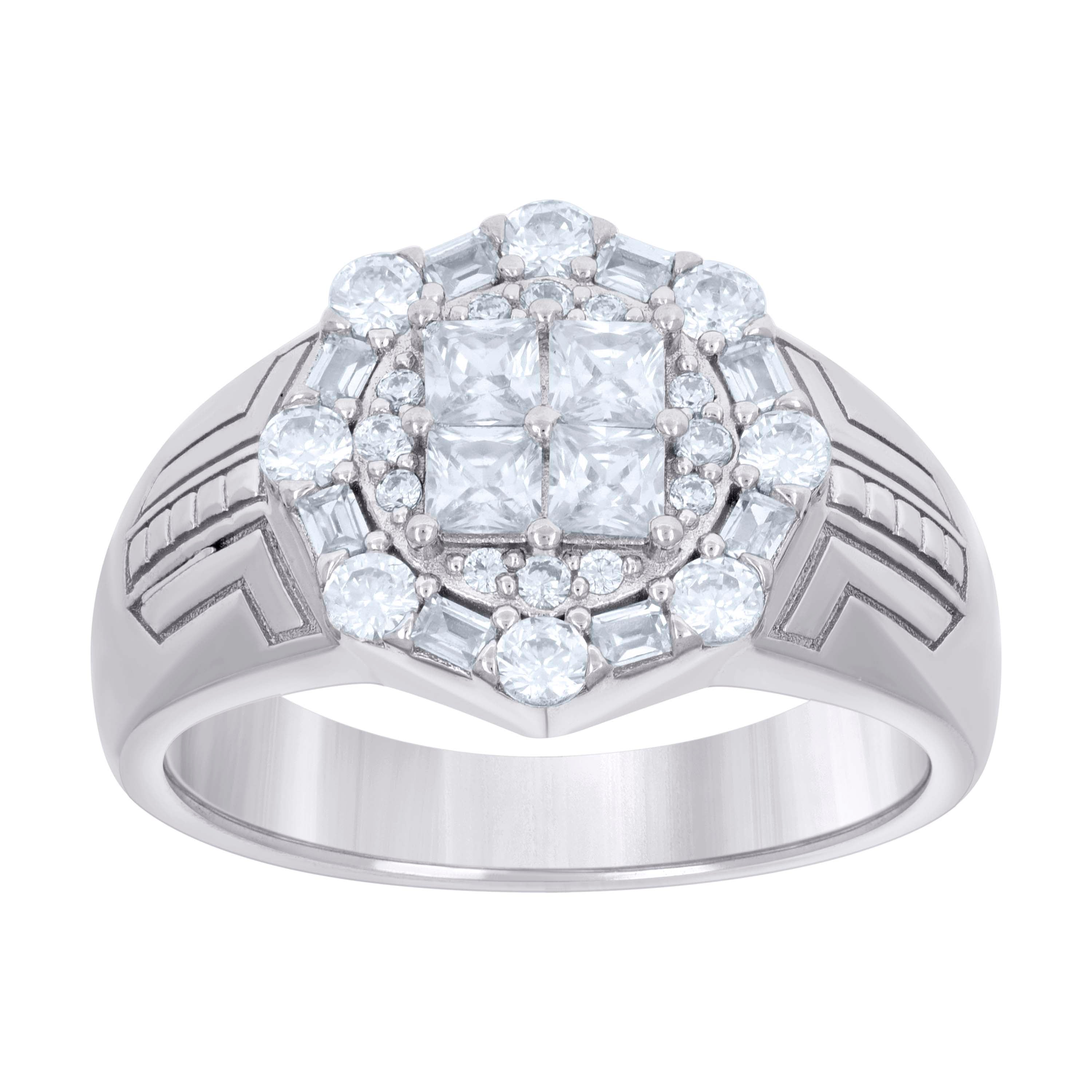 925 Sterling Silver Mens Baguette Round Cubic-Zirconia Fashion Ring Size 9 - SLV-131382