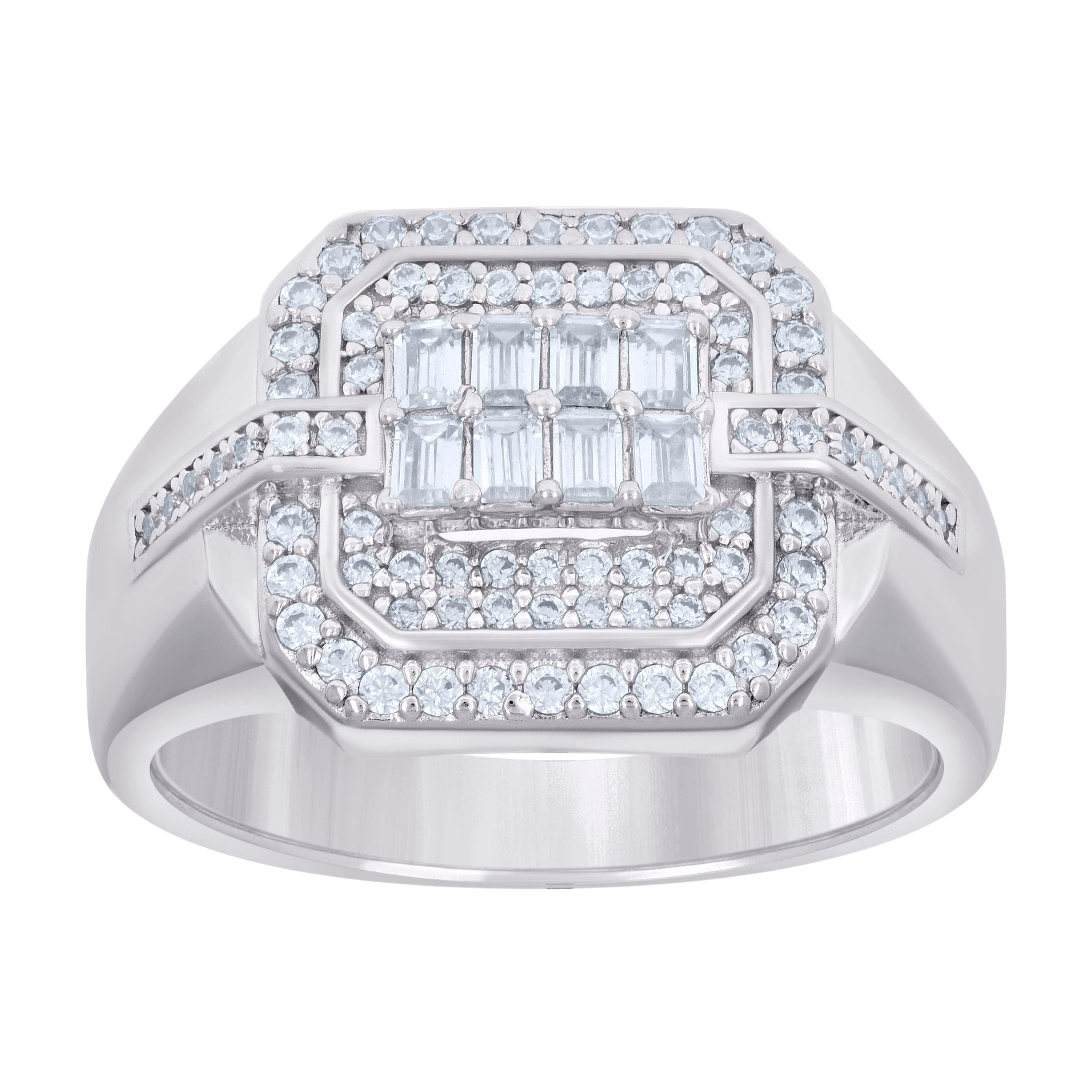925 Sterling Silver Mens Baguette Round Cubic-Zirconia Octagon Head Fashion Ring Size 10 - SLV-131398