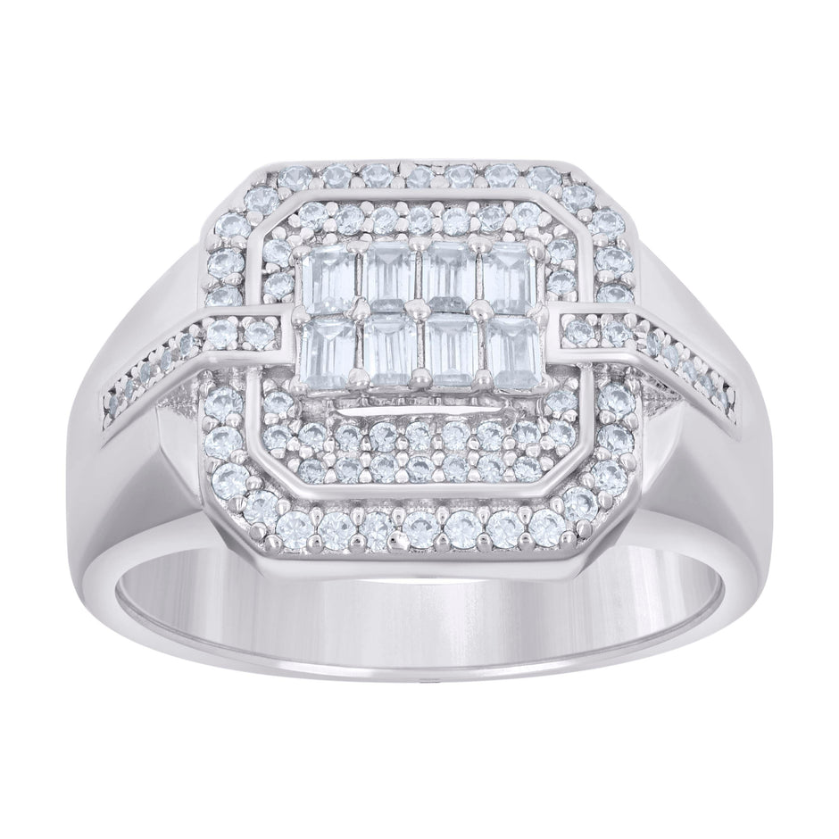 925 Sterling Silver Mens Baguette Round Cubic-Zirconia Octagon Head Fashion Ring Size 11 - SLV-131399