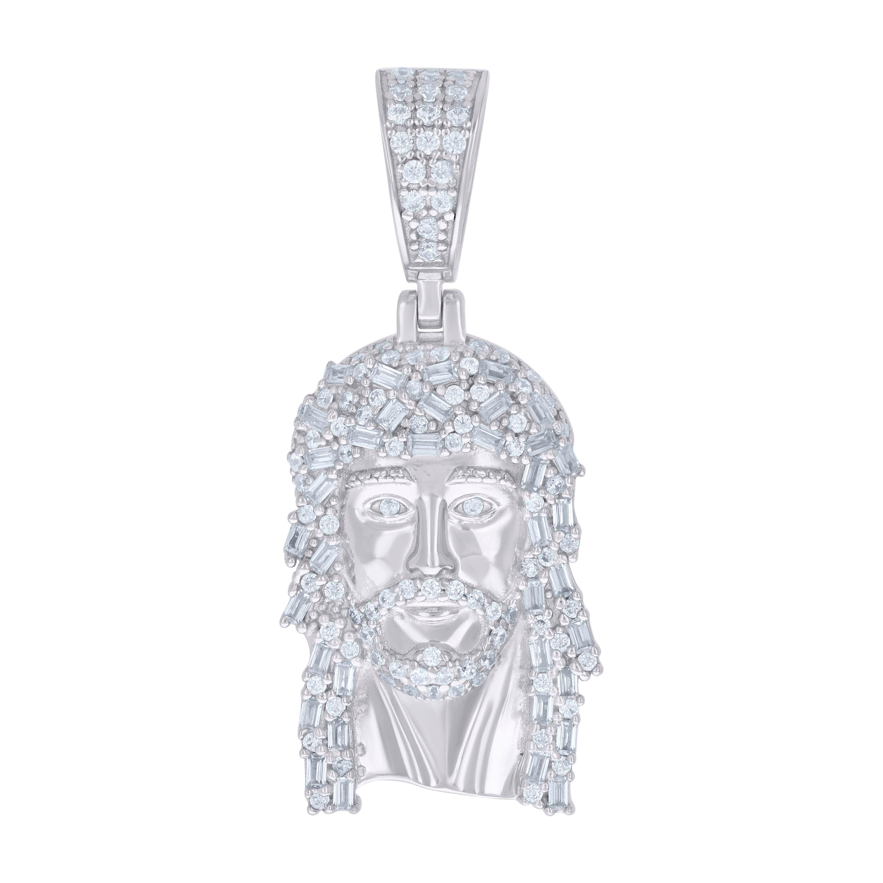 925 Sterling Silver Unisex Round Baguette Cubic-Zirconia Nuggets Jesus Religious Charm Pendant