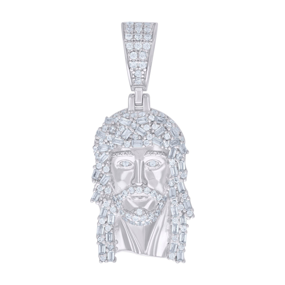 925 Sterling Silver Unisex Round Baguette Cubic-Zirconia Nuggets Jesus Religious Charm Pendant