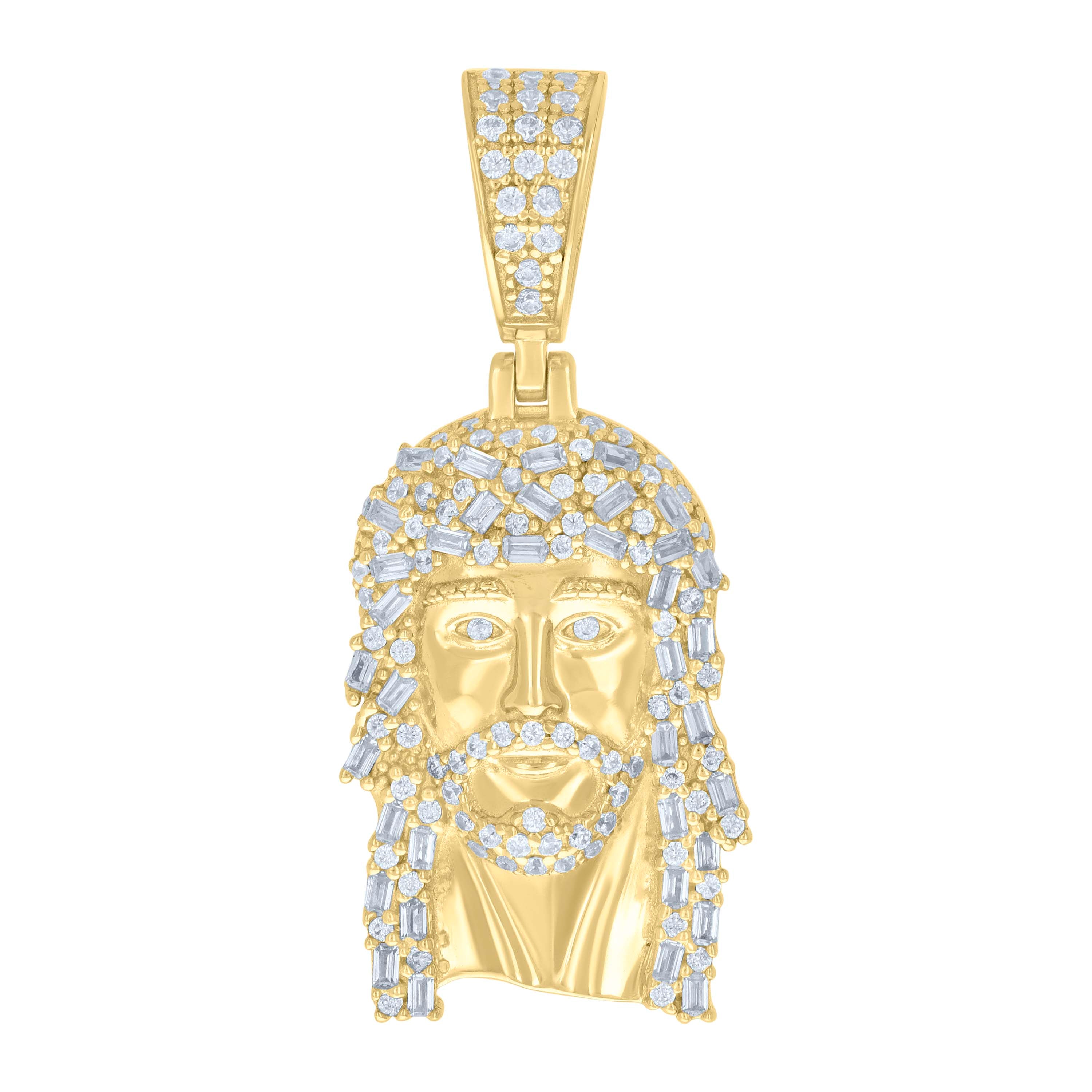 925 Sterling Silver Yellow-tone Mens Baguette Round Cubic-Zirconia Jesus Religious Charm Pendant