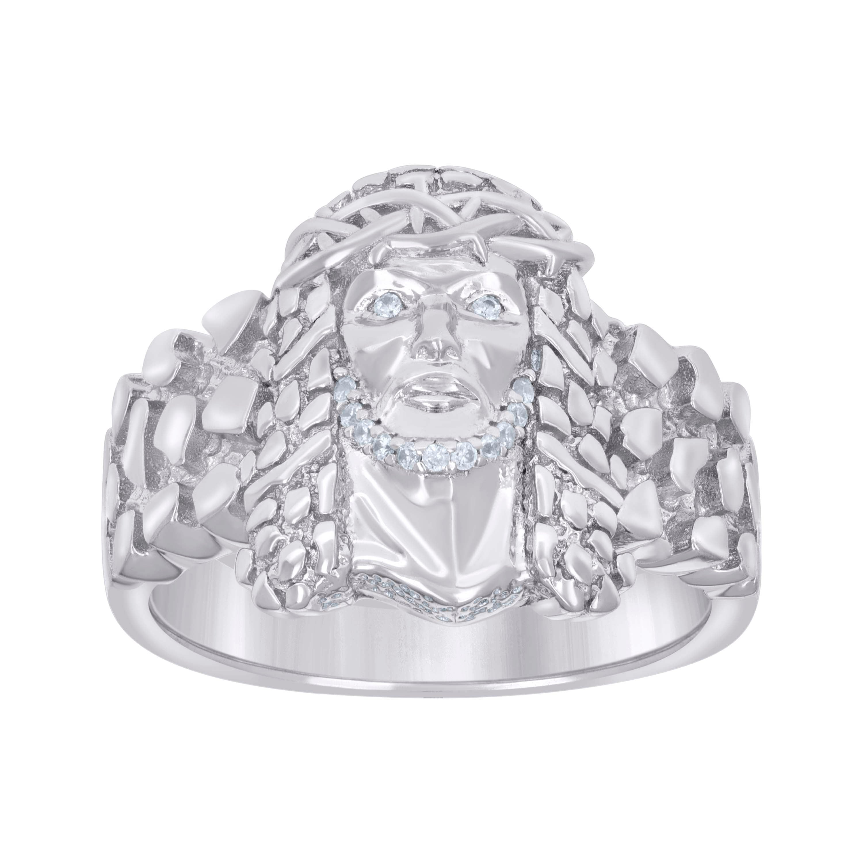 925 Sterling Silver Mens Cubic-Zirconia Nugget Jesus Religious Ring Size 9 - SLV-131474