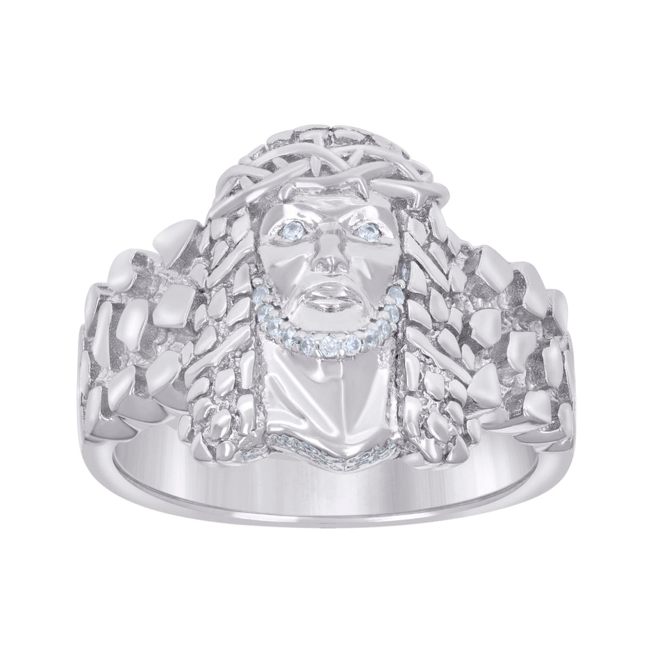 925 Sterling Silver Mens Cubic-Zirconia Nugget Jesus Religious Ring Size 9 - SLV-131474