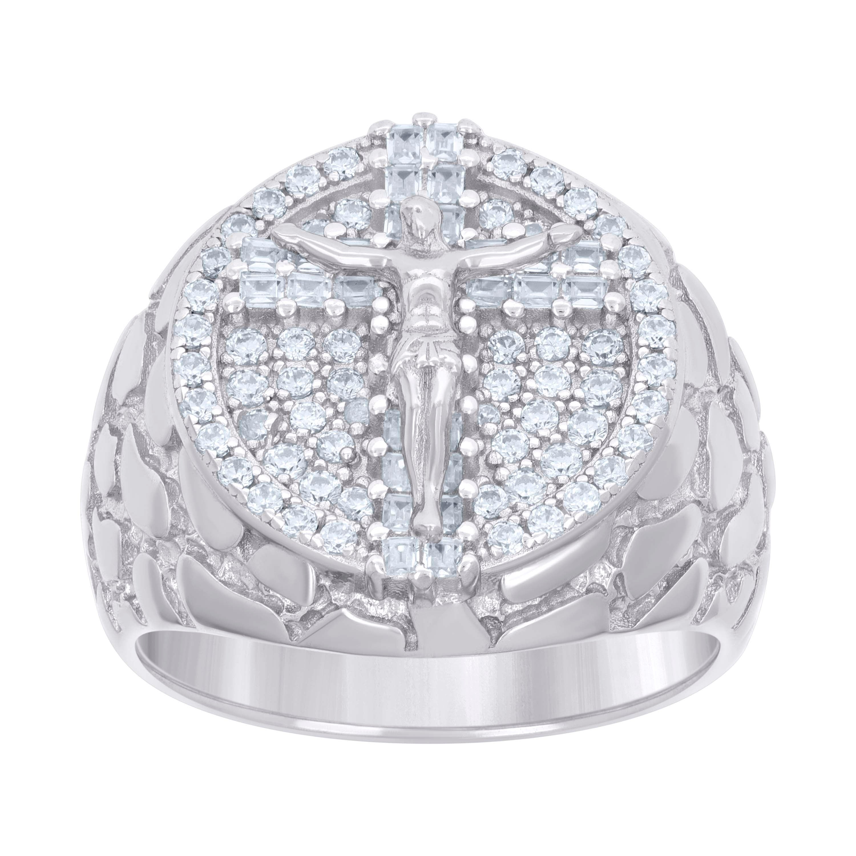925 Sterling Silver Mens Baguette Round Cubic-Zirconia Nugget Crucifix Cross Religious Ring Size 9 - SLV-131493