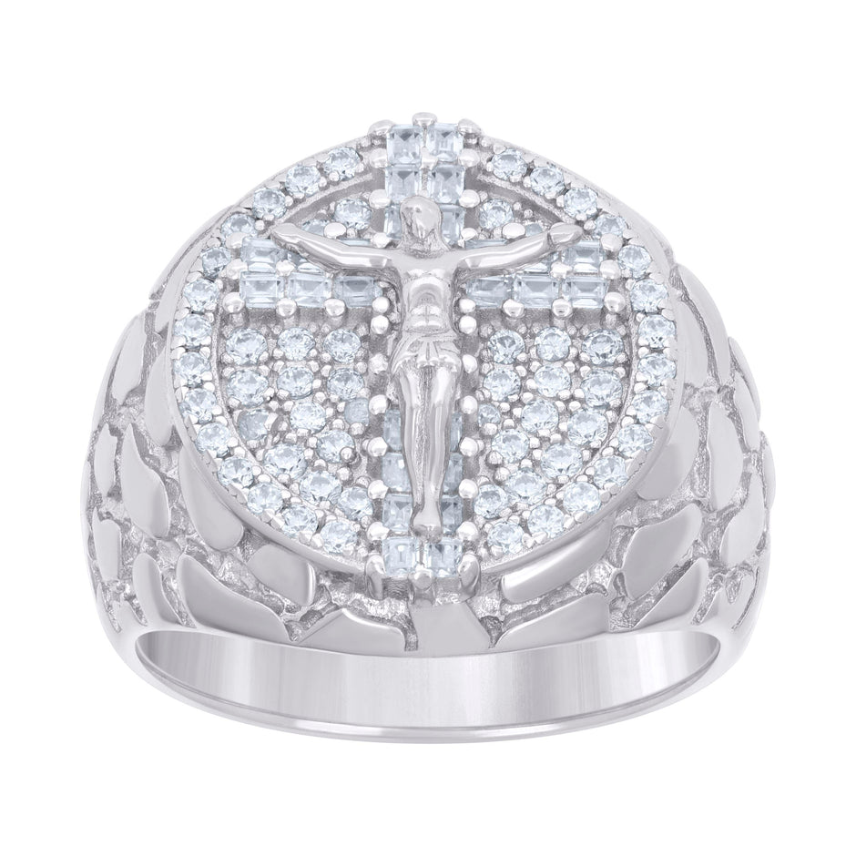 925 Sterling Silver Mens Baguette Round Cubic-Zirconia Nugget Crucifix Cross Religious Ring Size 10 - SLV-131494