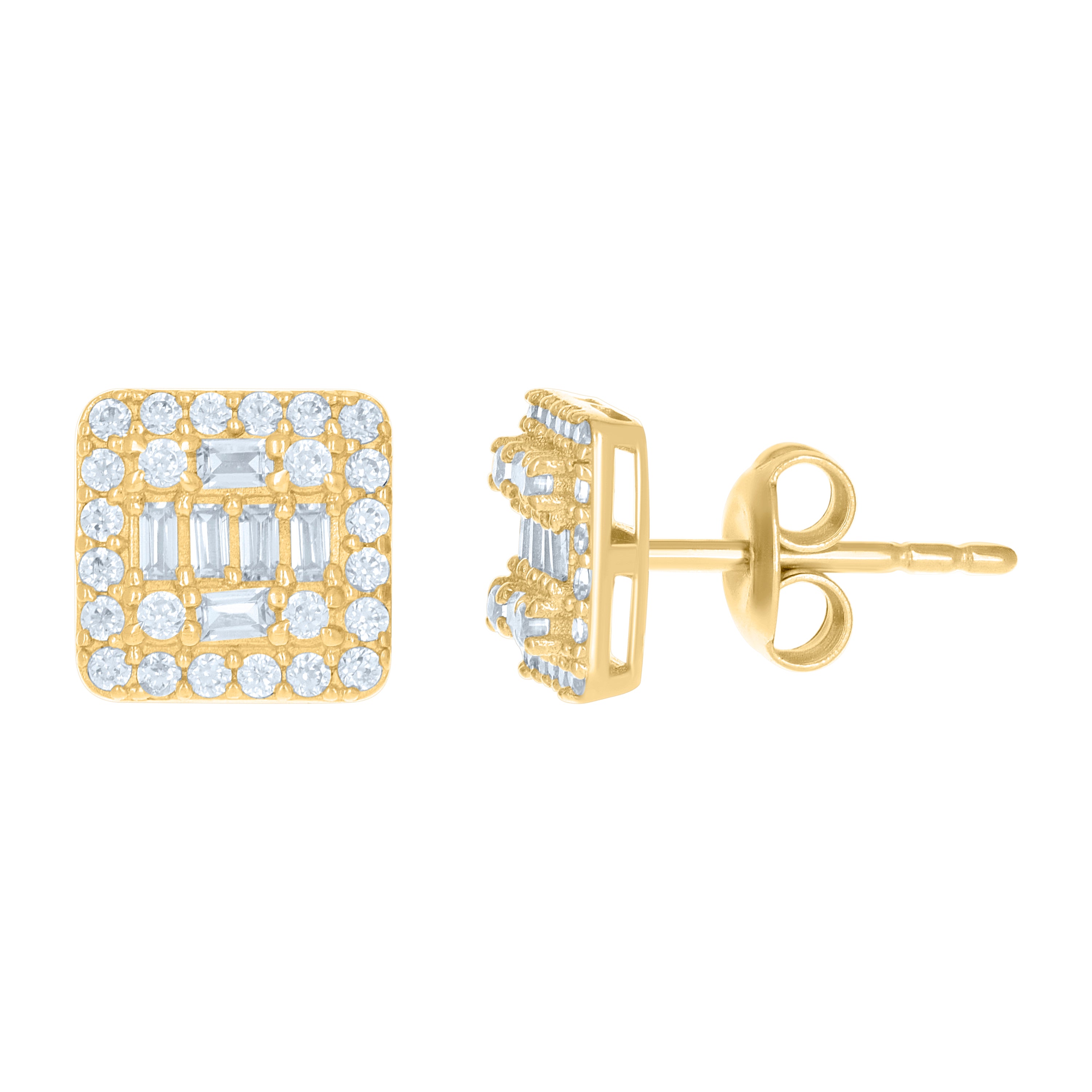10kt Yellow Gold Womens Baguette Round Cubic-Zirconia Square Stud Earrings
