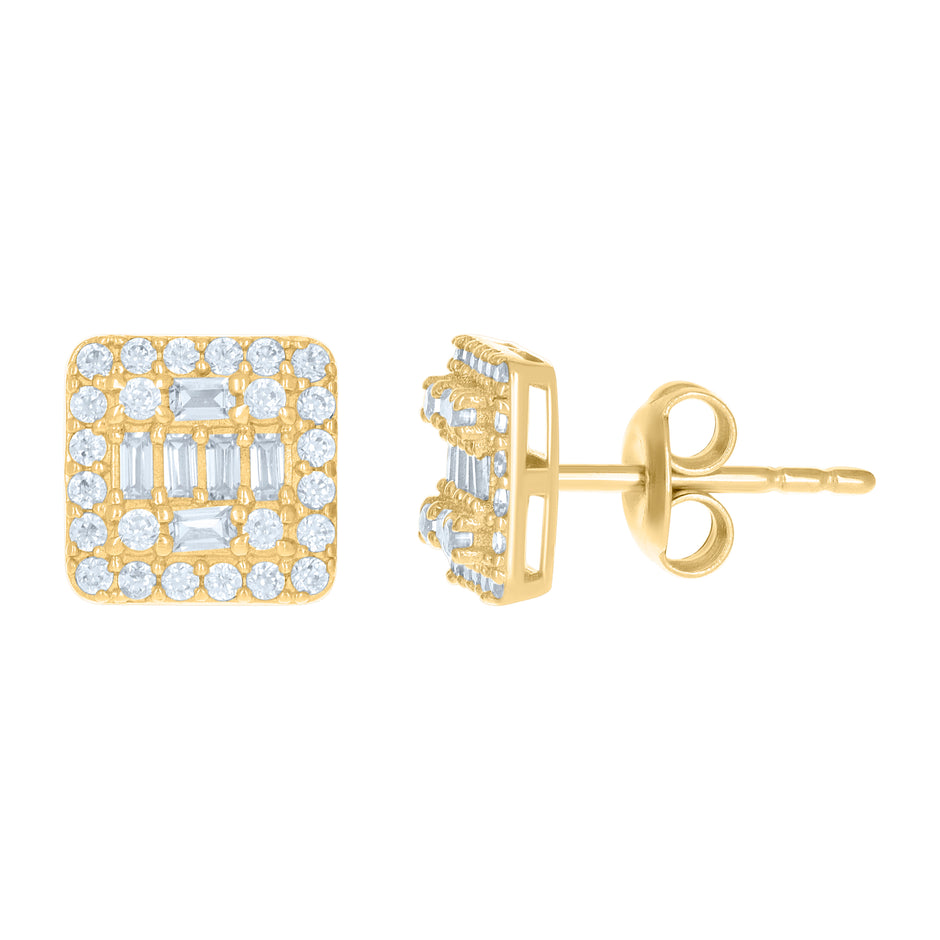 10kt Yellow Gold Womens Baguette Round Cubic-Zirconia Square Stud Earrings