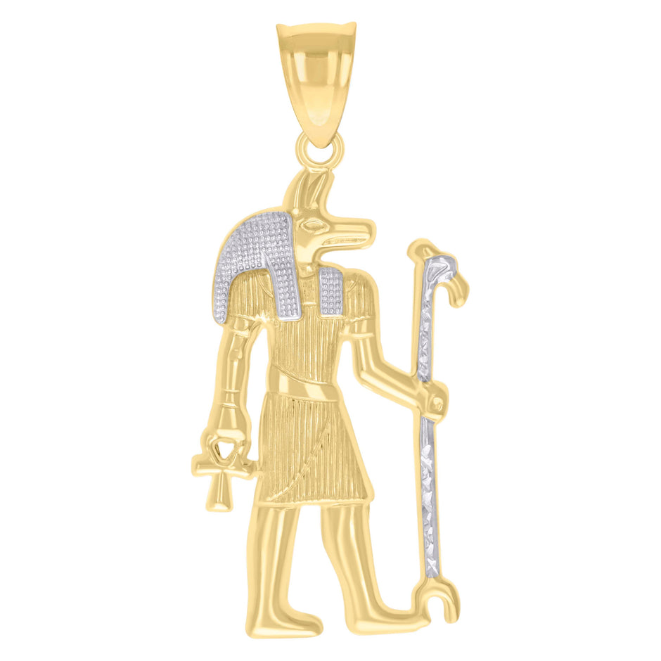 10kt Two-tone Gold Mens Diamond-Cut Ancient Egyptian God Anubis Religious Pendant 