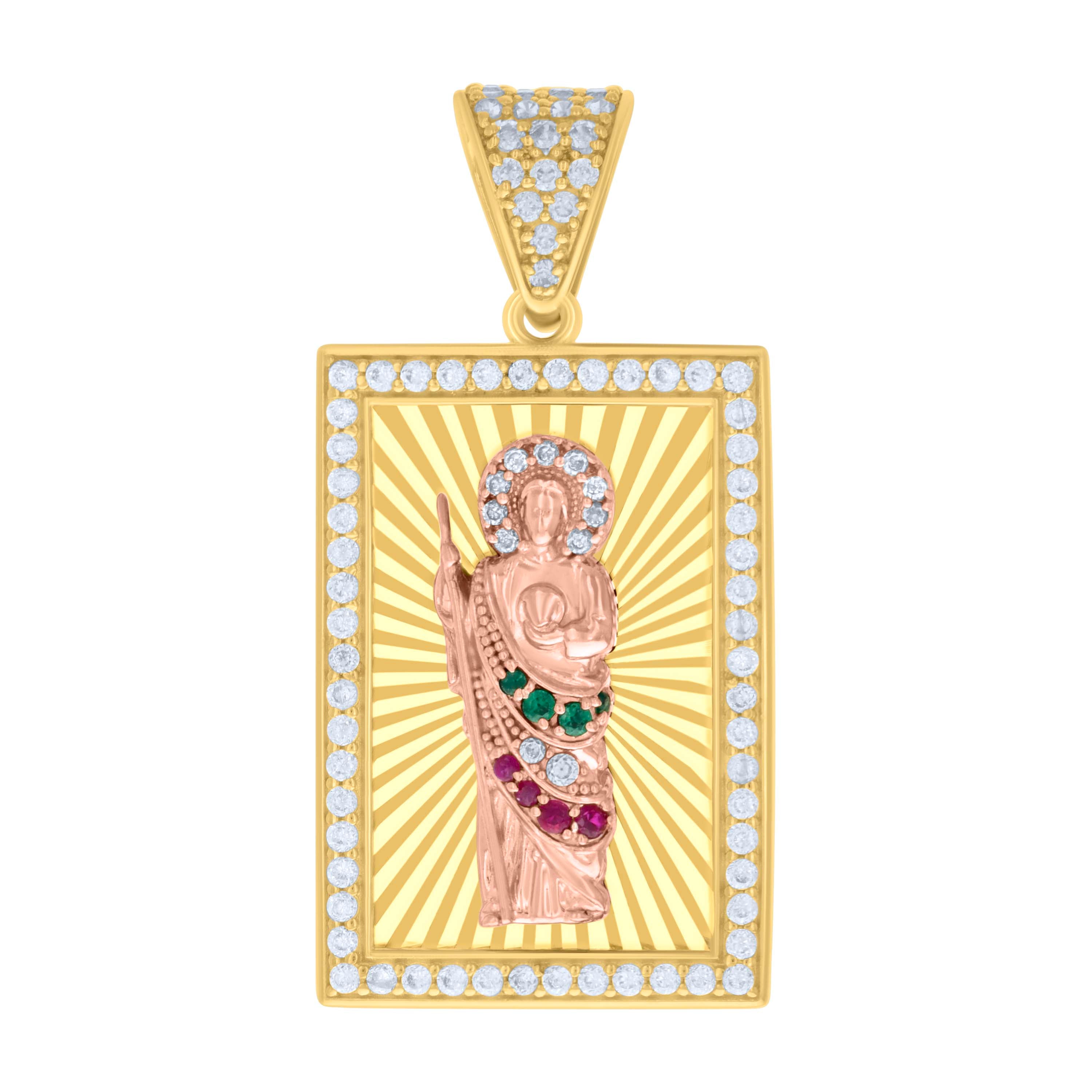 14kt Two-tone Gold Mens Green/Pink White Cubic-Zirconia St. Jude Religious Charm Pendant 