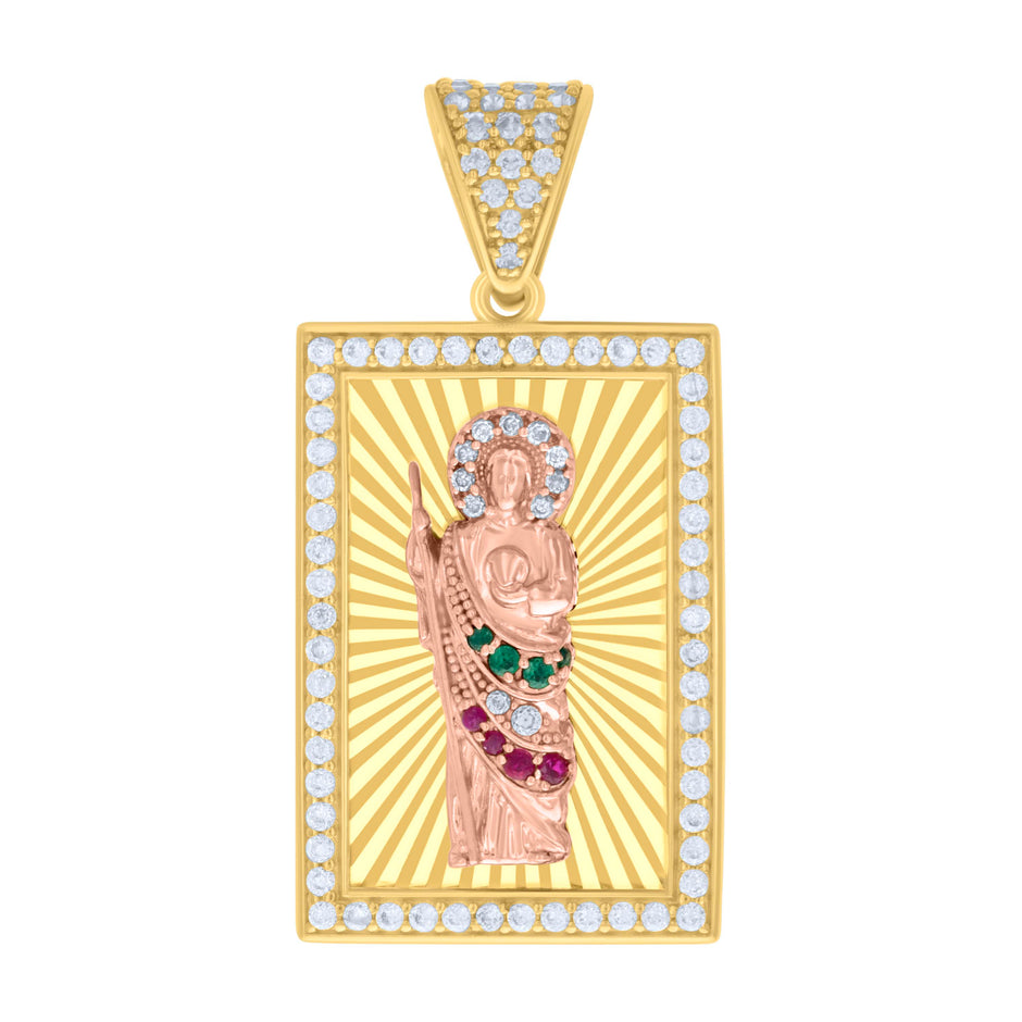 14kt Two-tone Gold Mens Green/Pink White Cubic-Zirconia St. Jude Religious Charm Pendant 