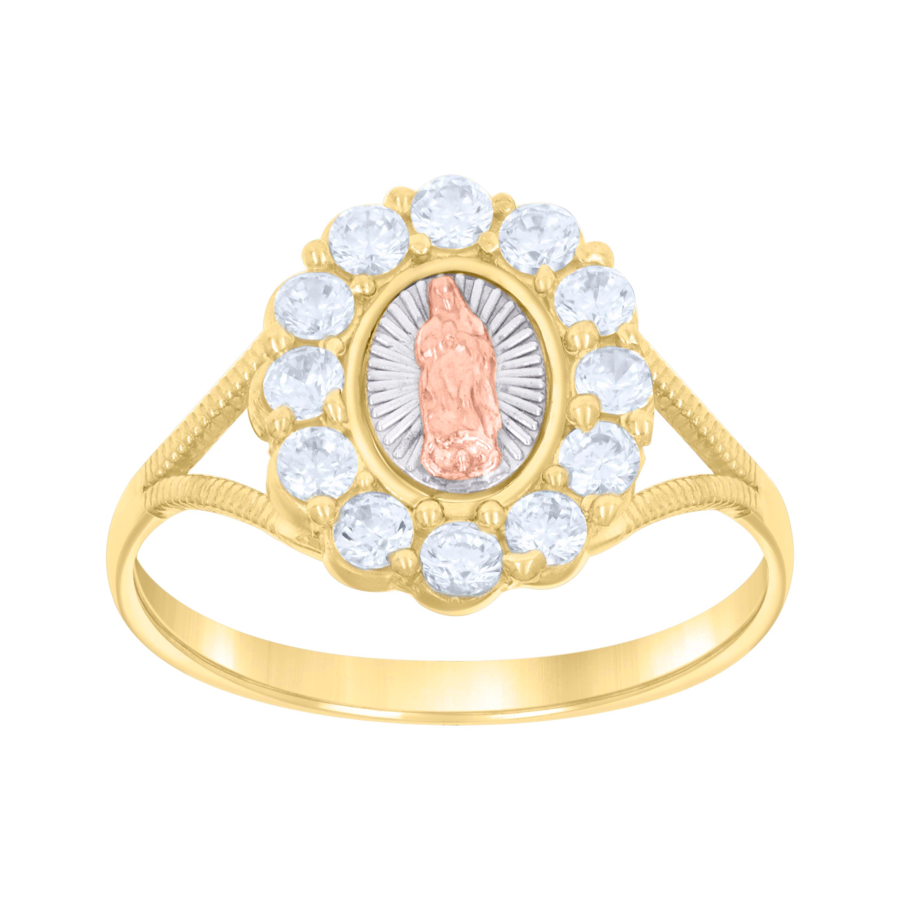 14kt Tri-Color Gold Womens Cubic-Zirconia Guadalupe Religious Ring 