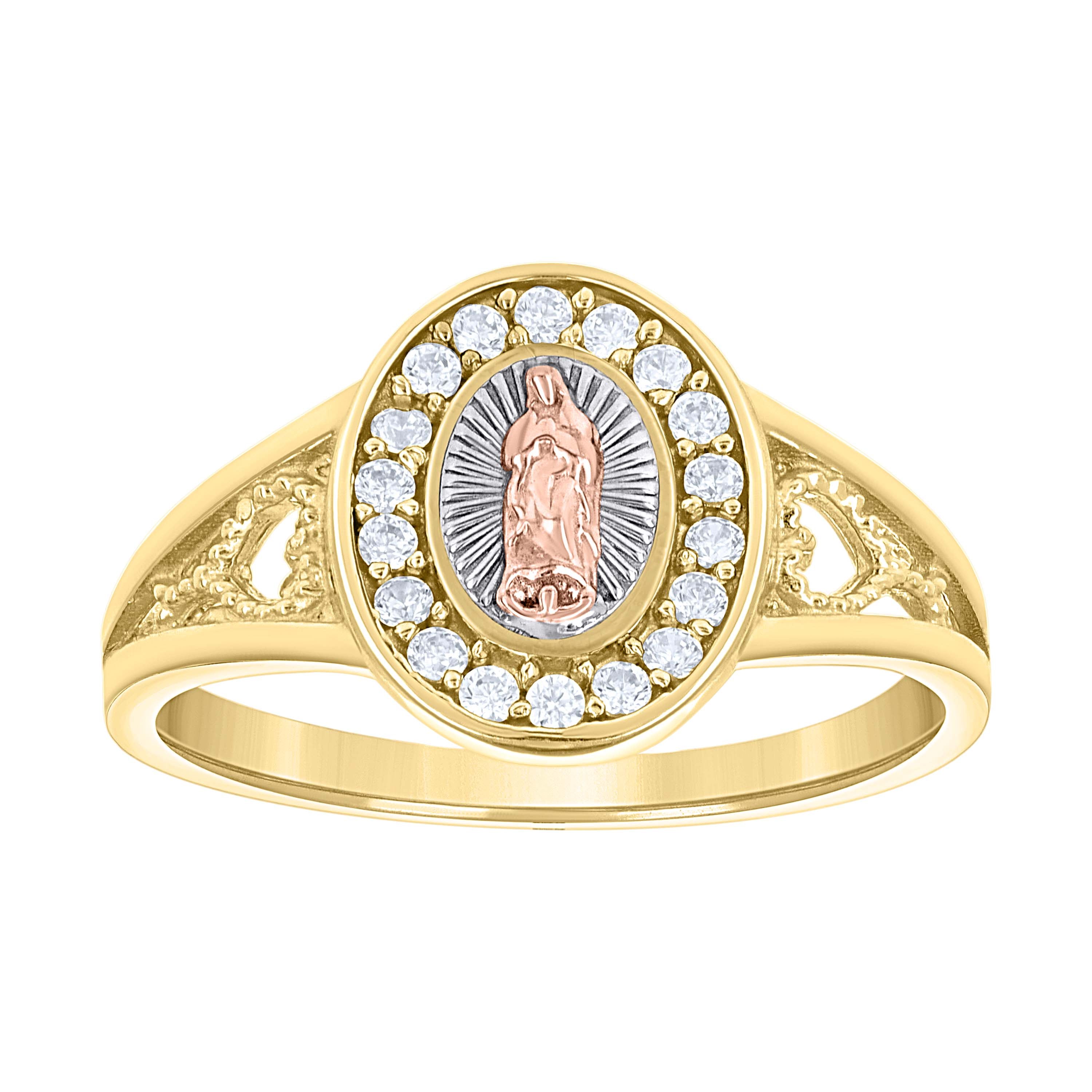 14kt Tri-Color Gold Womens Cubic-Zirconia Oval Guadalupe Religious Ring 