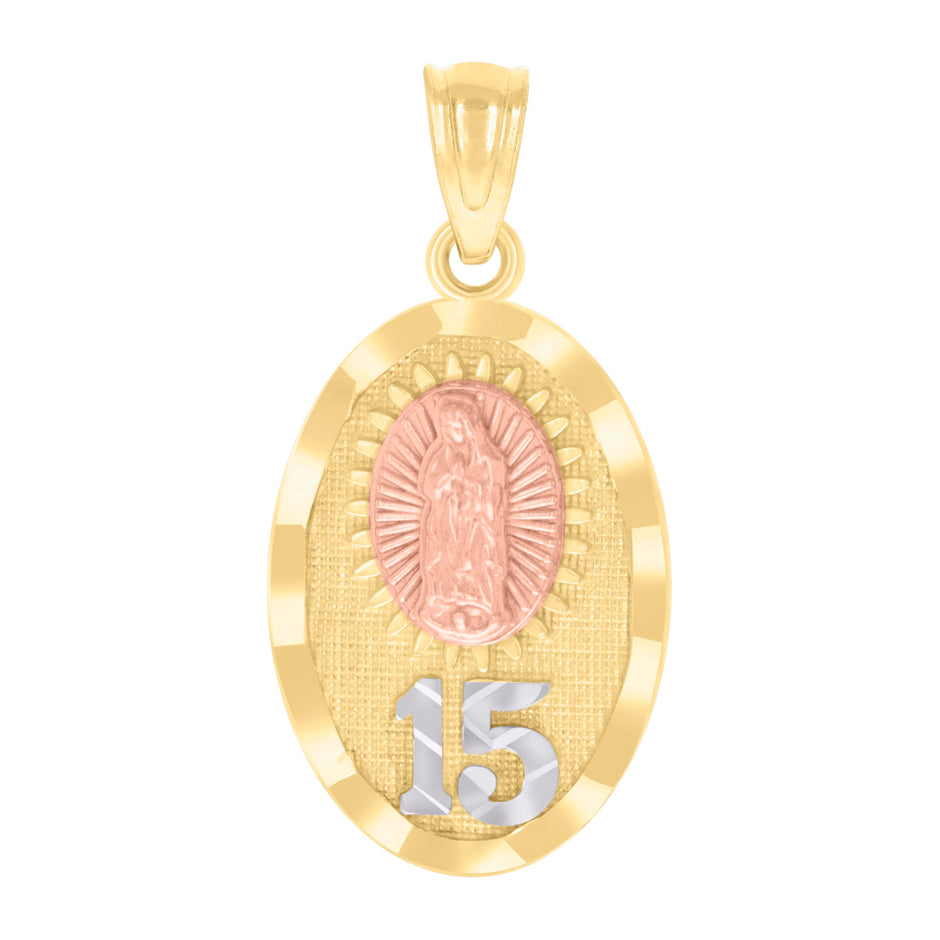 14kt Tri-Color Gold Womens Anos 15 Guadalupe Religious Charm Pendant