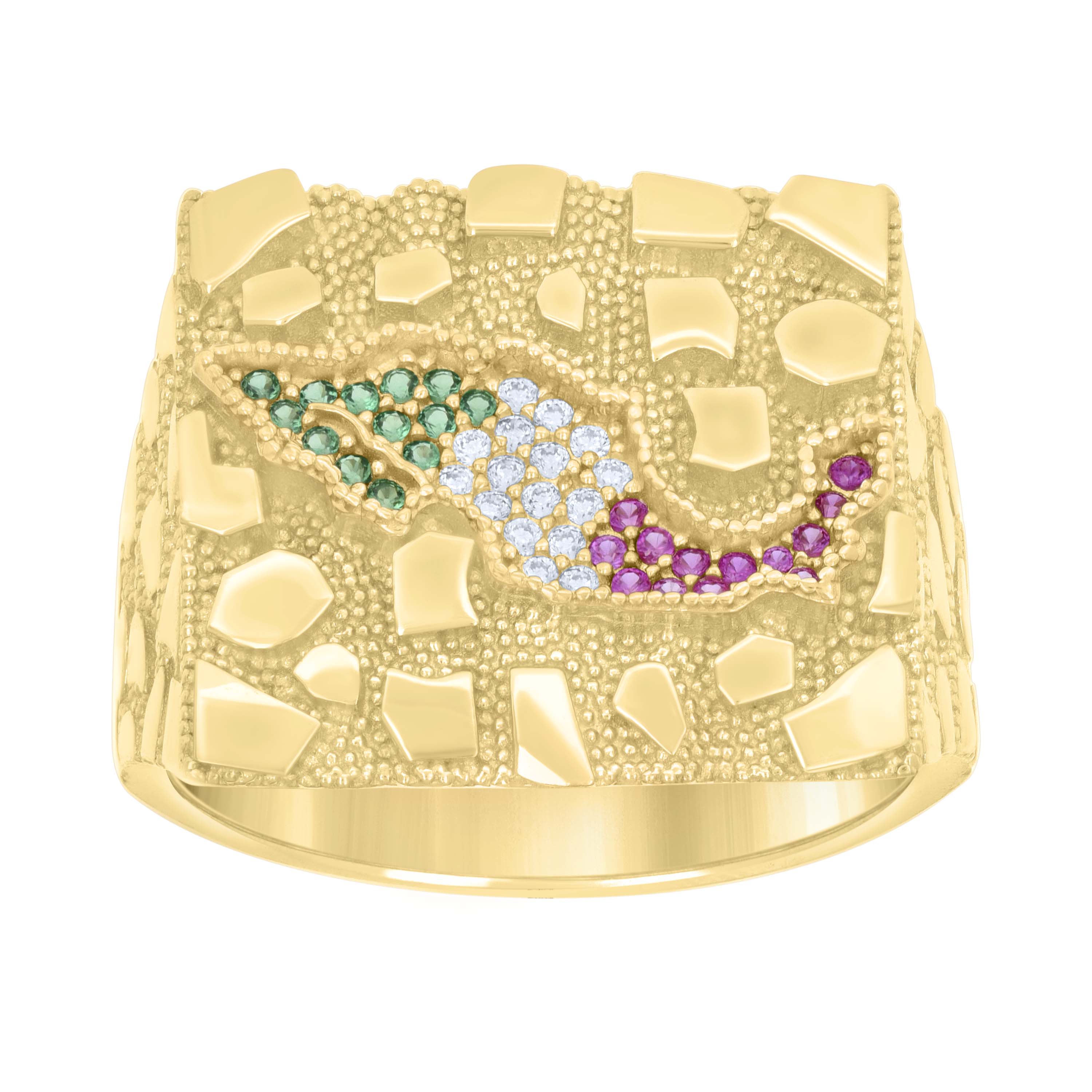 14kt Yellow Gold Mens Green/Purple White Cubic-Zirconia Nugget Mexico Map Country Ring