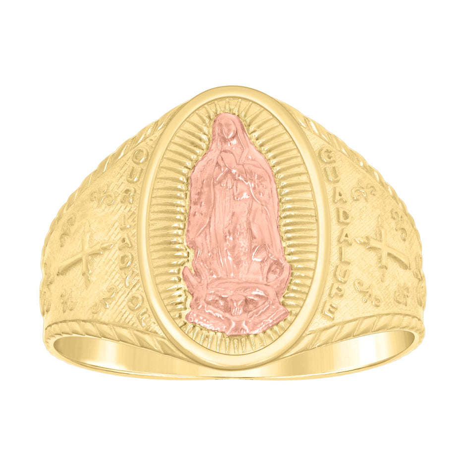 14kt Two-tone Gold Mens Oval Guadalupe Religious Ring 