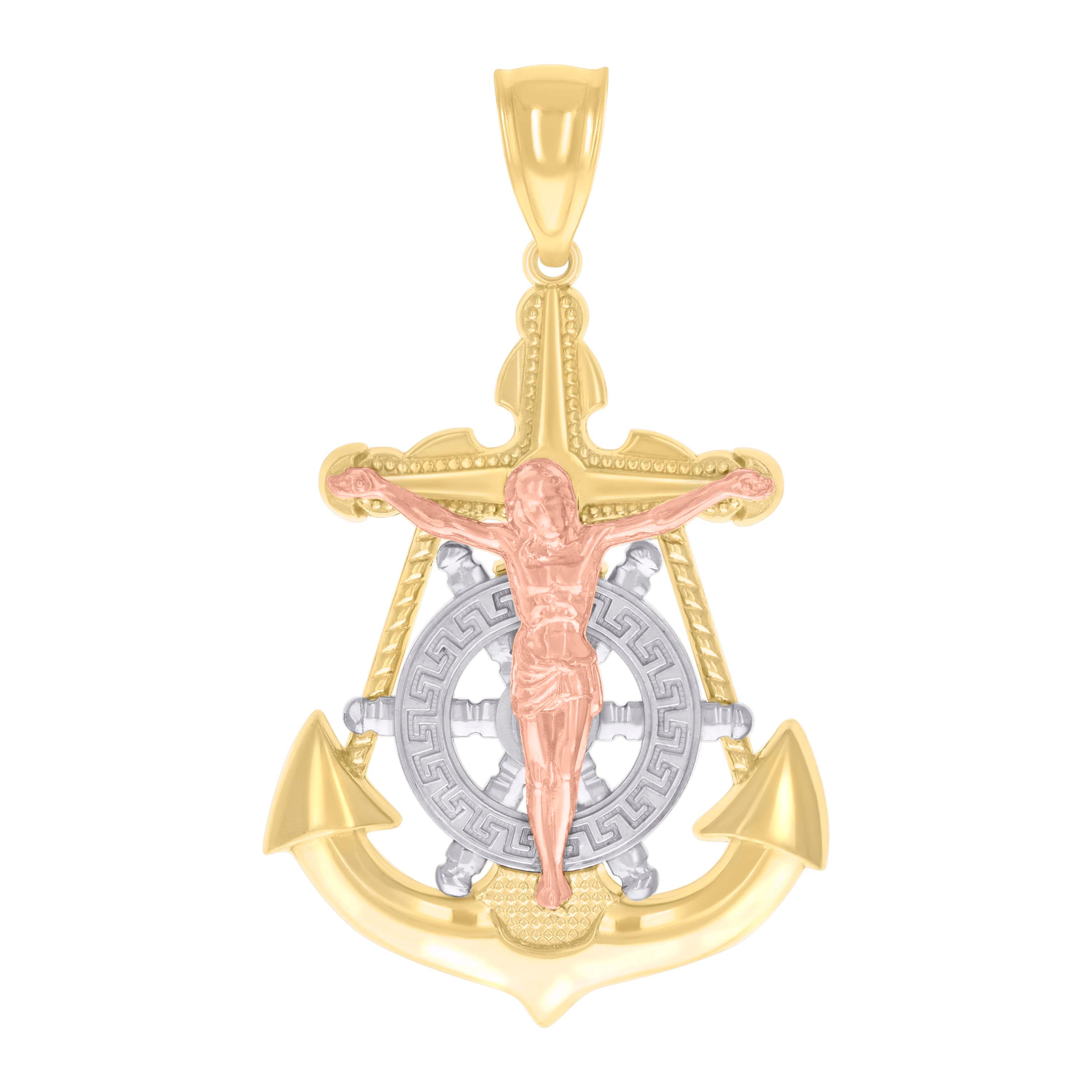 14kt Tri-Color Gold Mens Anchor Crucifix Religious Charm Pendant 