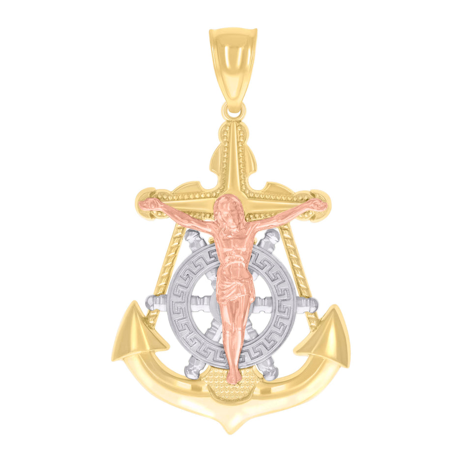 14kt Tri-Color Gold Mens Anchor Crucifix Religious Charm Pendant 