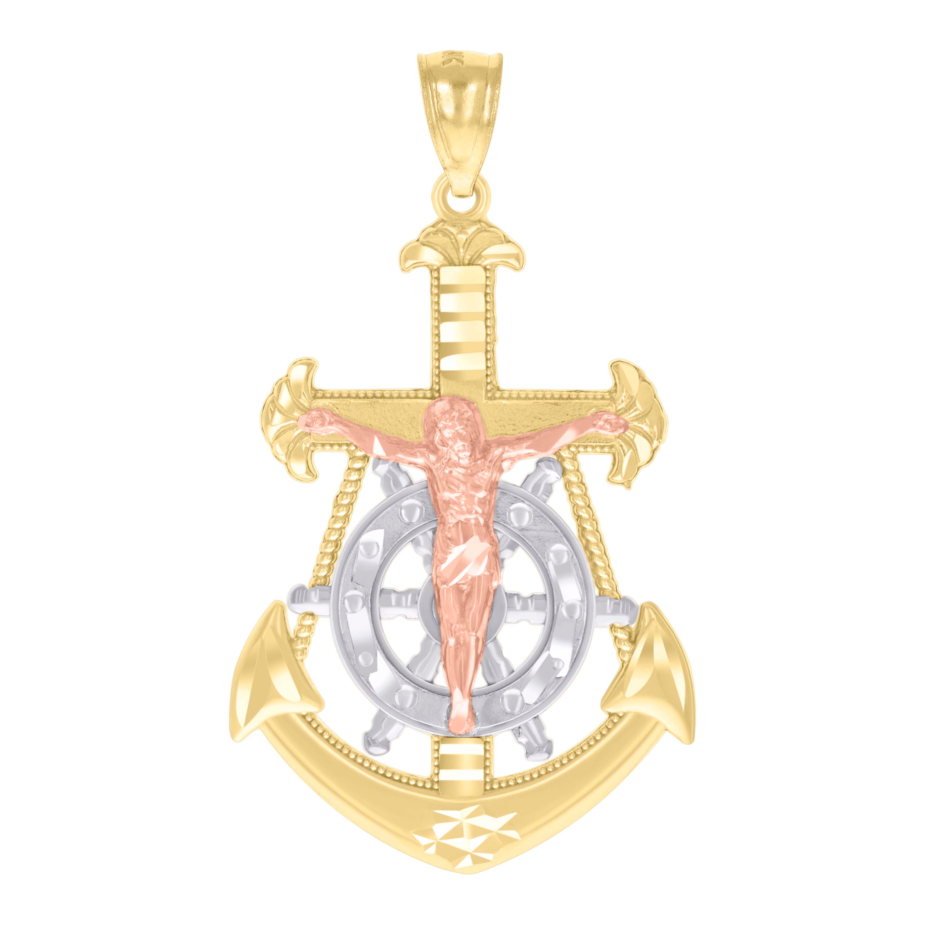 14kt Tri-Color Gold Mens Anchor Crucifix Religious Charm Pendant 