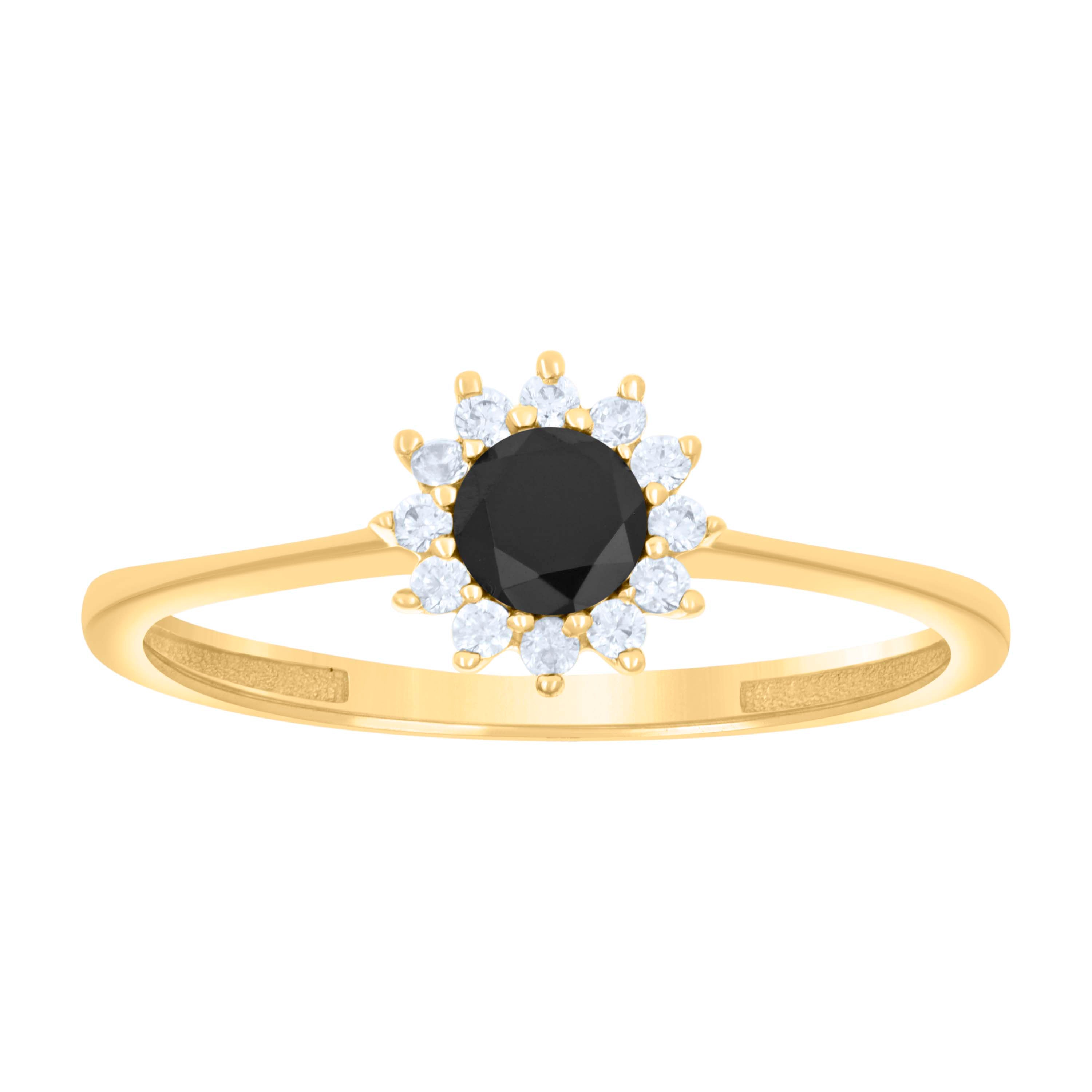 10kt Yellow Gold Womens Black White Cubic-Zirconia Flower Engagement Ring 