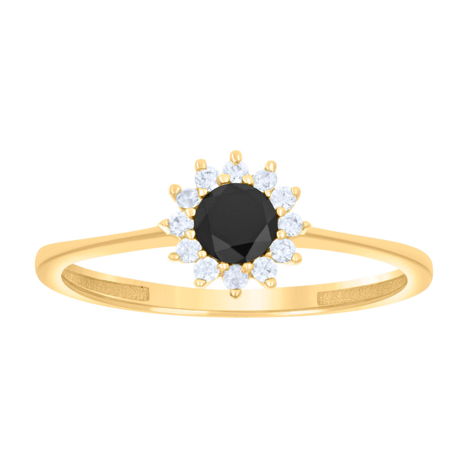 10kt Yellow Gold Womens Black White Cubic-Zirconia Flower Engagement Ring 