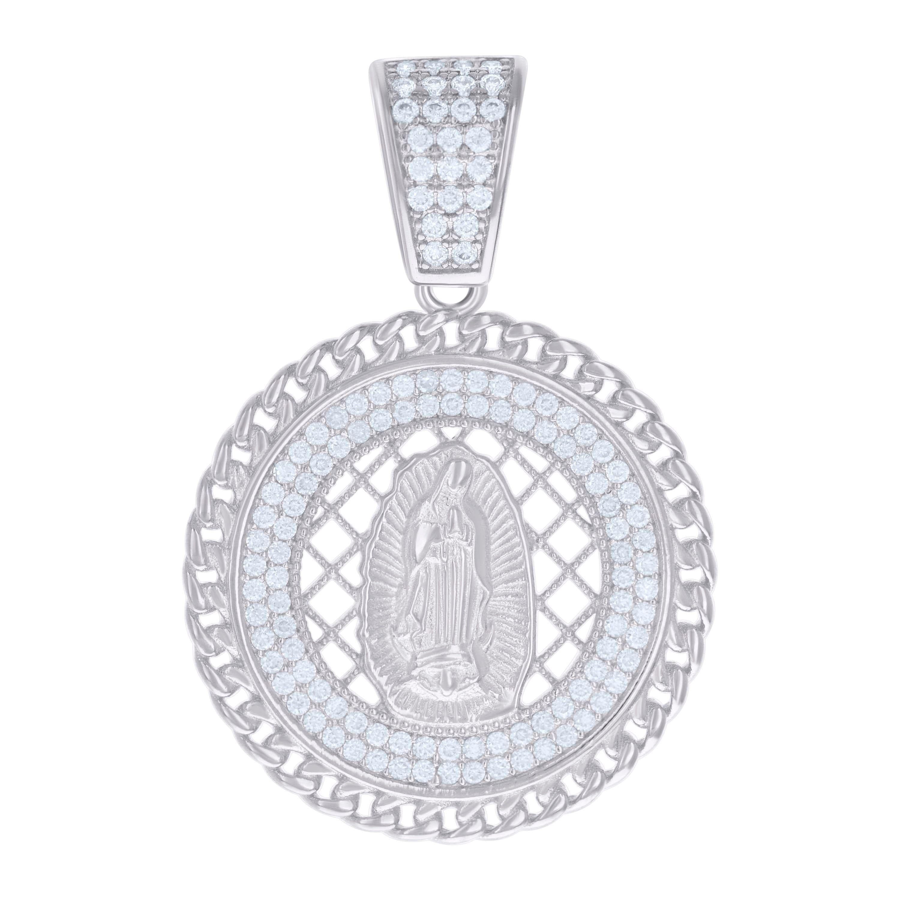 925 Sterling Silver Mens 0.84ct Moissanite Cuban Border Guadalupe/Mother Marry Religious Charm Pendant