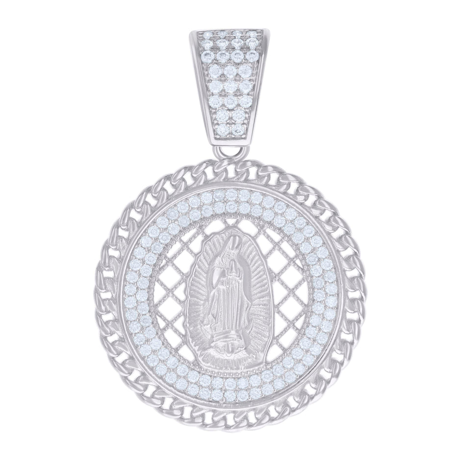 925 Sterling Silver Mens 0.84ct Moissanite Cuban Border Guadalupe/Mother Marry Religious Charm Pendant
