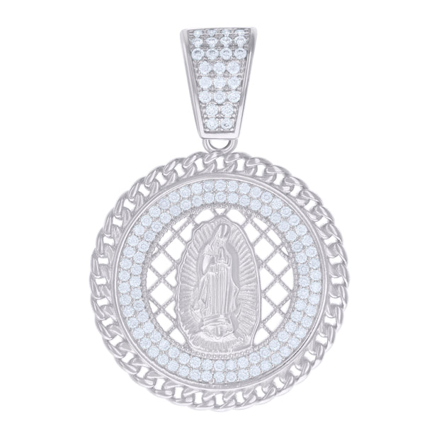 925 Sterling Silver Mens 0.84ct Moissanite Cuban Border Guadalupe/Mother Marry Religious Charm Pendant
