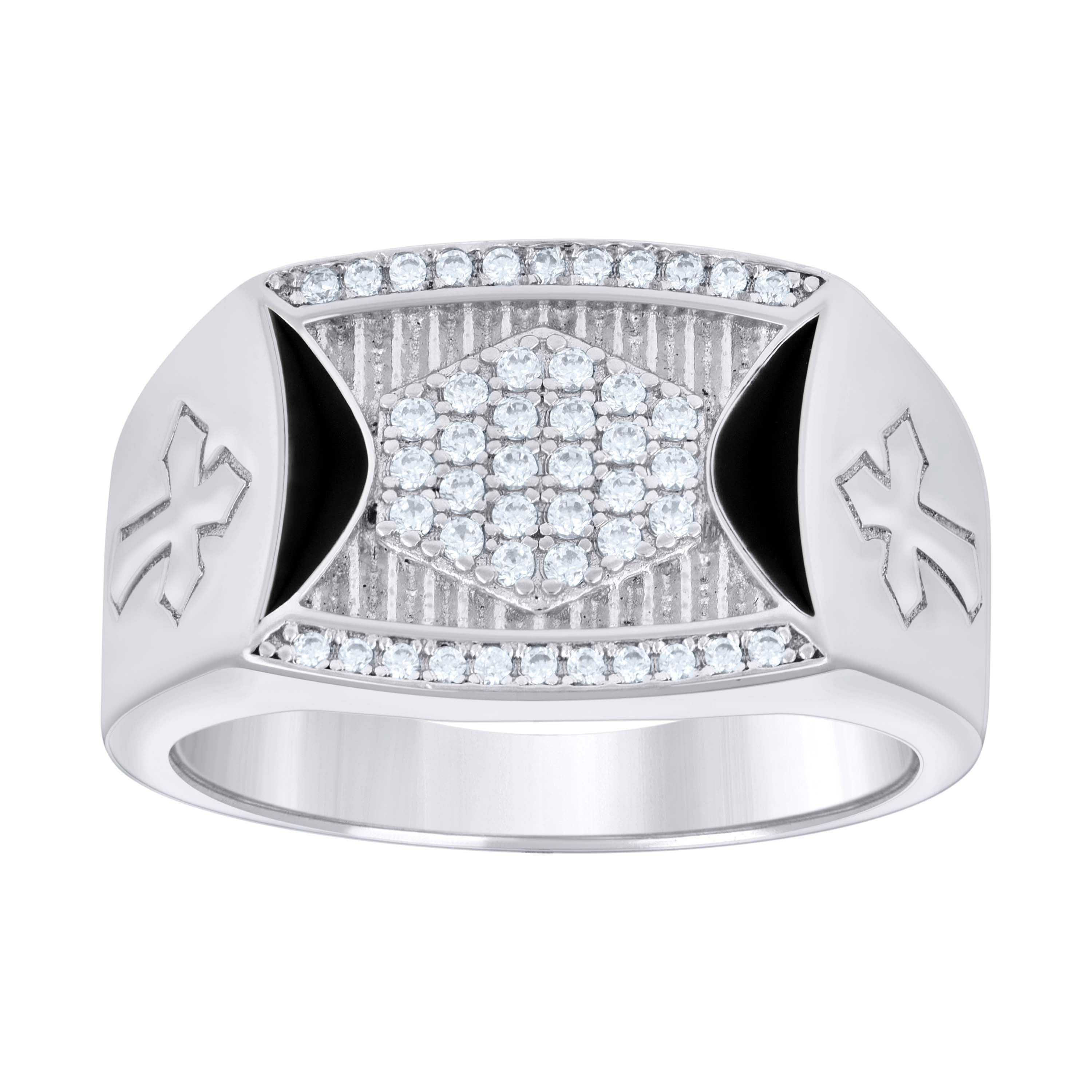 925 Sterling Silver Mens Cubic-Zirconia Black Enameled Cross Religious Ring Size 9