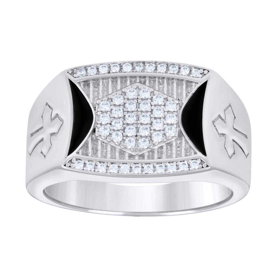 925 Sterling Silver Mens Cubic-Zirconia Black Enameled Cross Religious Ring Size 9