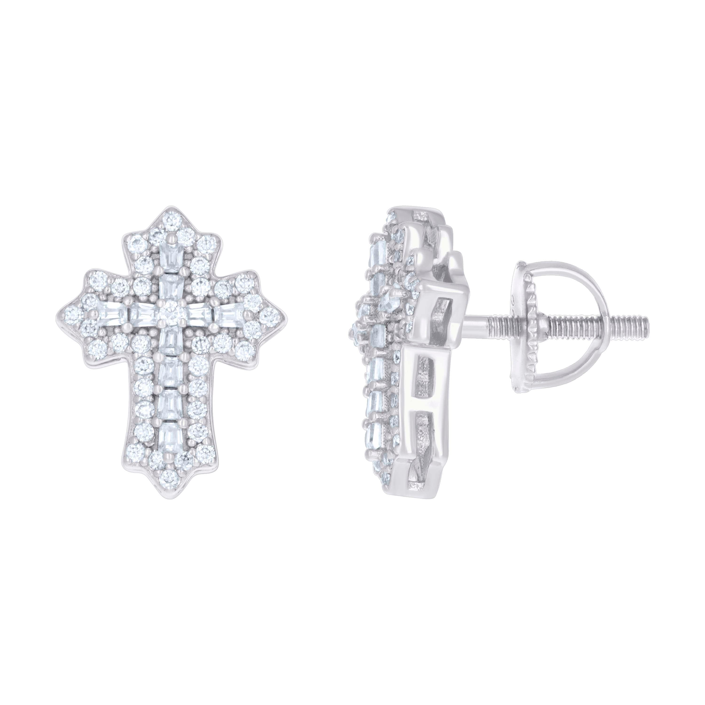 925 Sterling Silver Womens Baguette Round Cubic-Zirconia Cross Religious Stud Earrings
