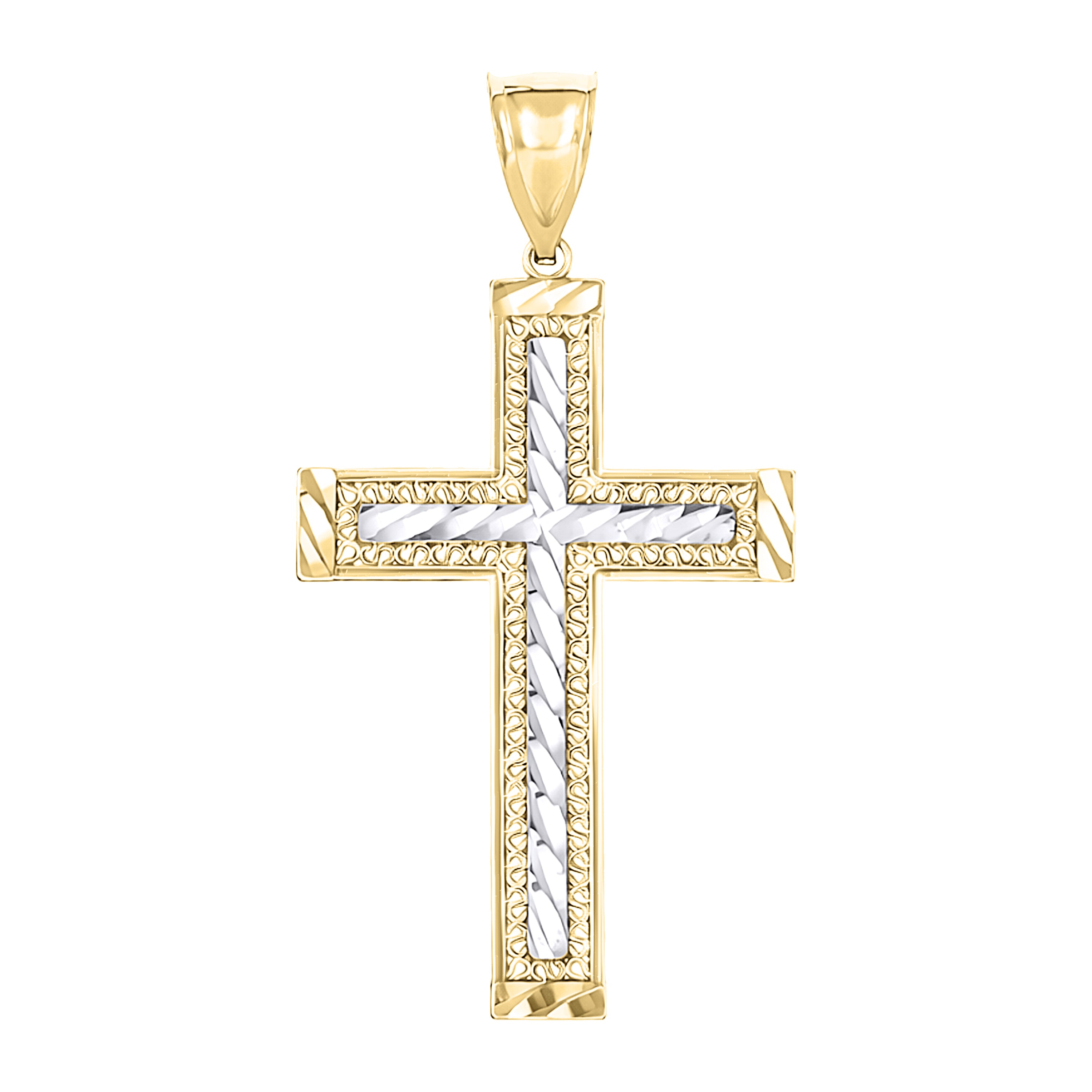10kt Gold Two-Tone Diamond-Cut Mens Cross Religious Charm Pendant