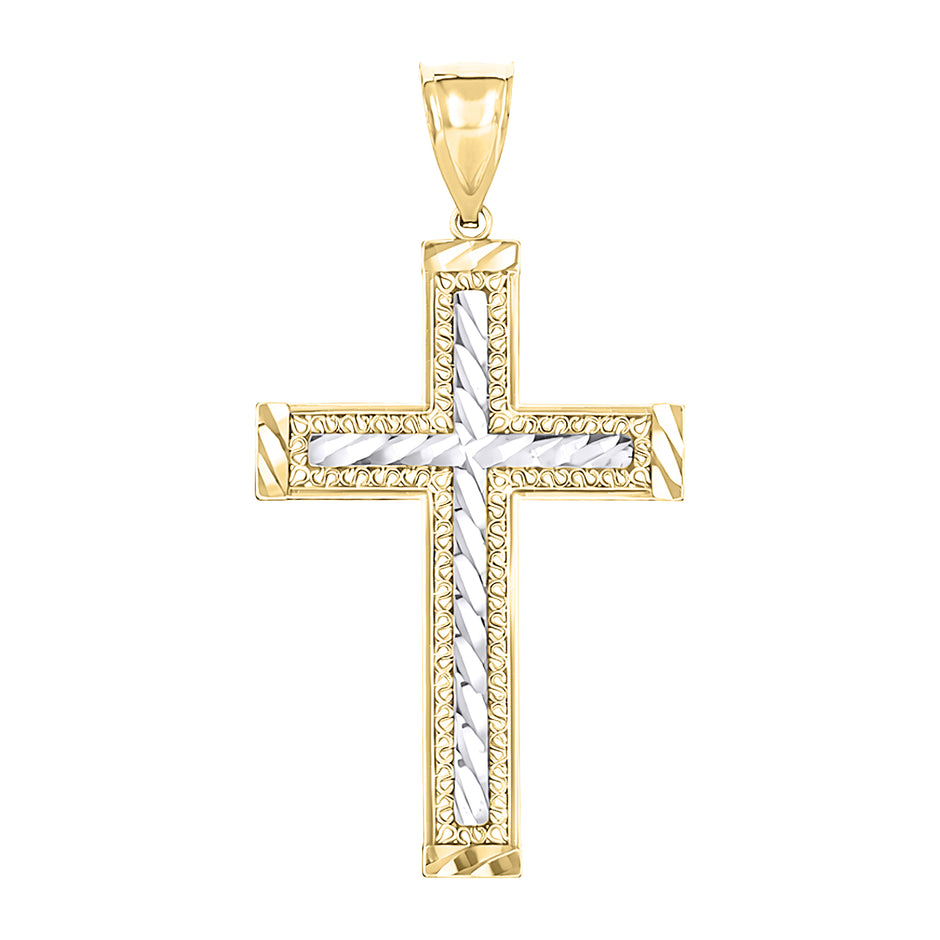 10kt Gold Two-Tone Diamond-Cut Mens Cross Religious Charm Pendant