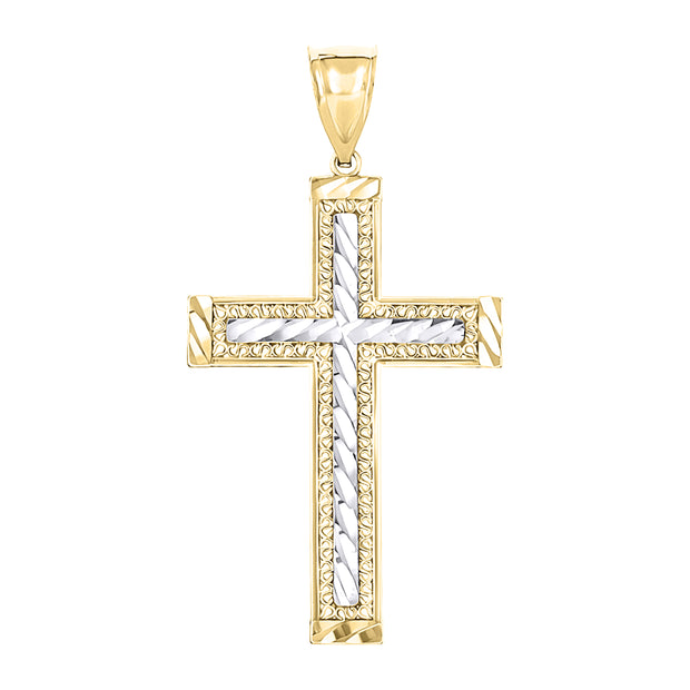 10kt Gold Two-Tone Diamond-Cut Mens Cross Religious Charm Pendant