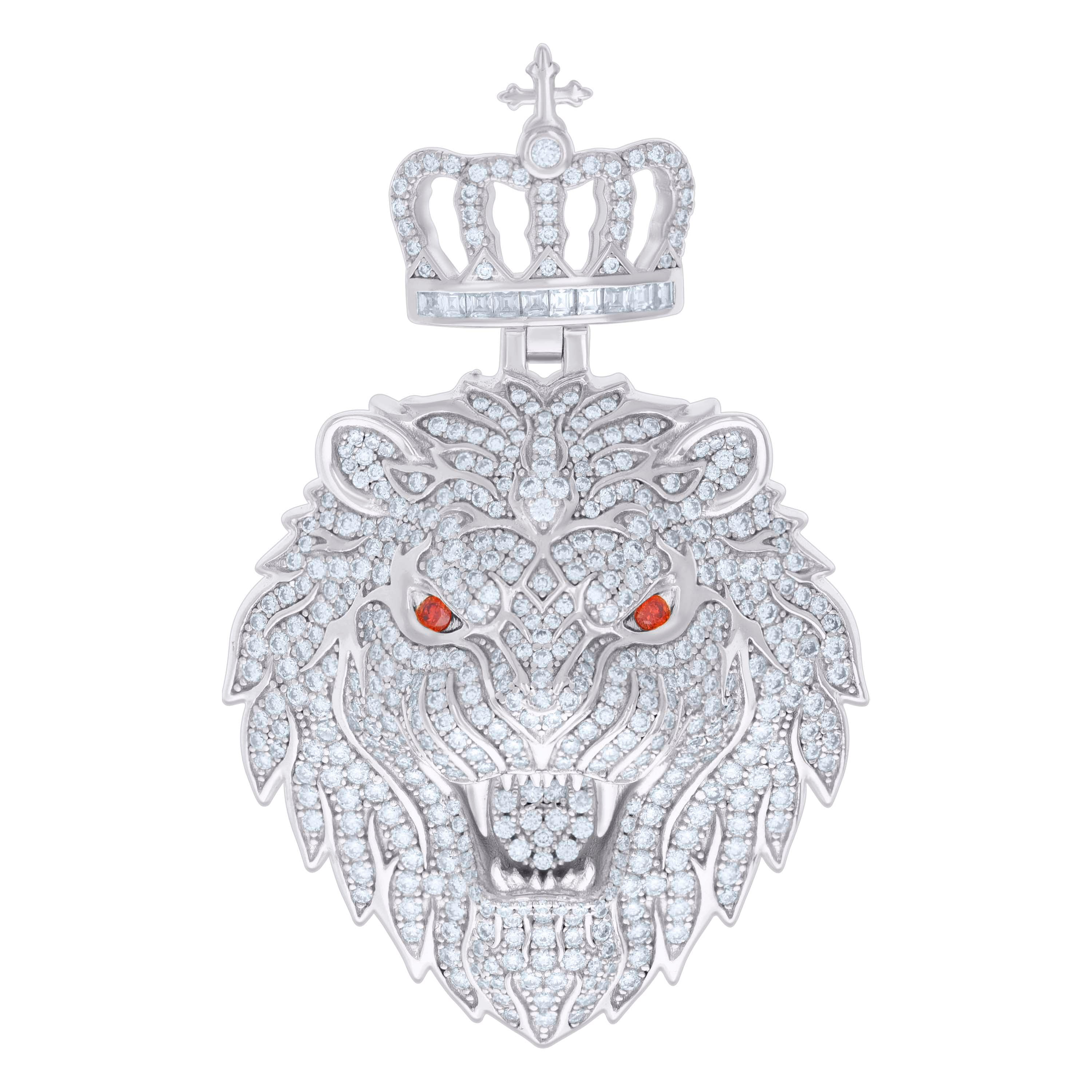 925 Sterling Silver Mens 4.48ct, 0.42ct Red White Baguette Round Moissanite Leo/Lion Head Pendant