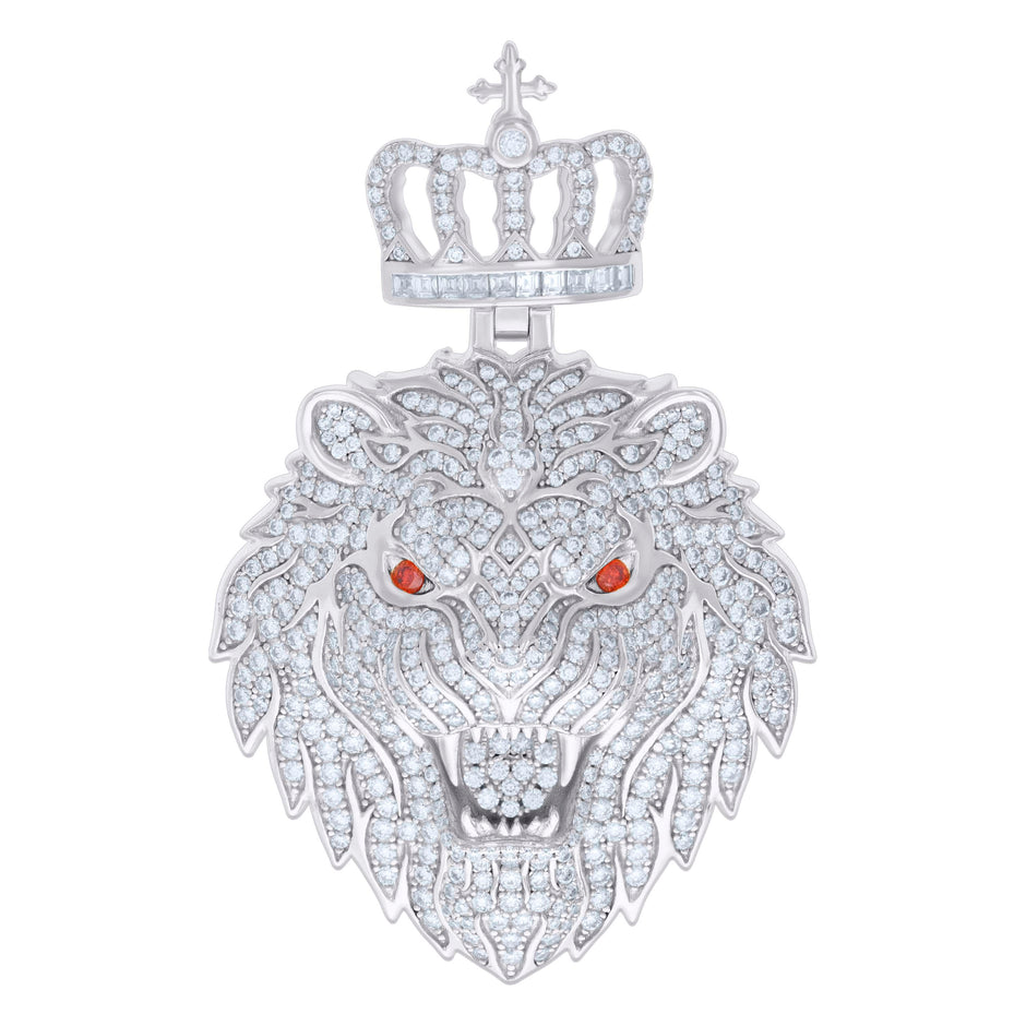 925 Sterling Silver Mens 4.48ct, 0.42ct Red White Baguette Round Moissanite Leo/Lion Head Pendant