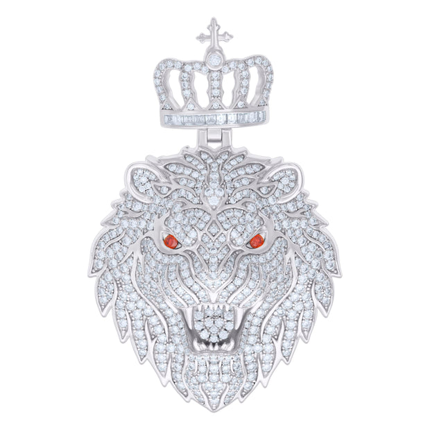 925 Sterling Silver Mens 4.48ct, 0.42ct Red White Baguette Round Moissanite Leo/Lion Head Pendant