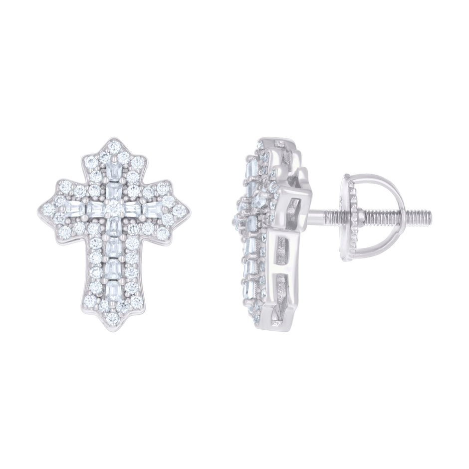 925 Sterling Silver Womens 0.42ct Round 0.74ct Baguette Moissanite Cross Religious Stud Earrings
