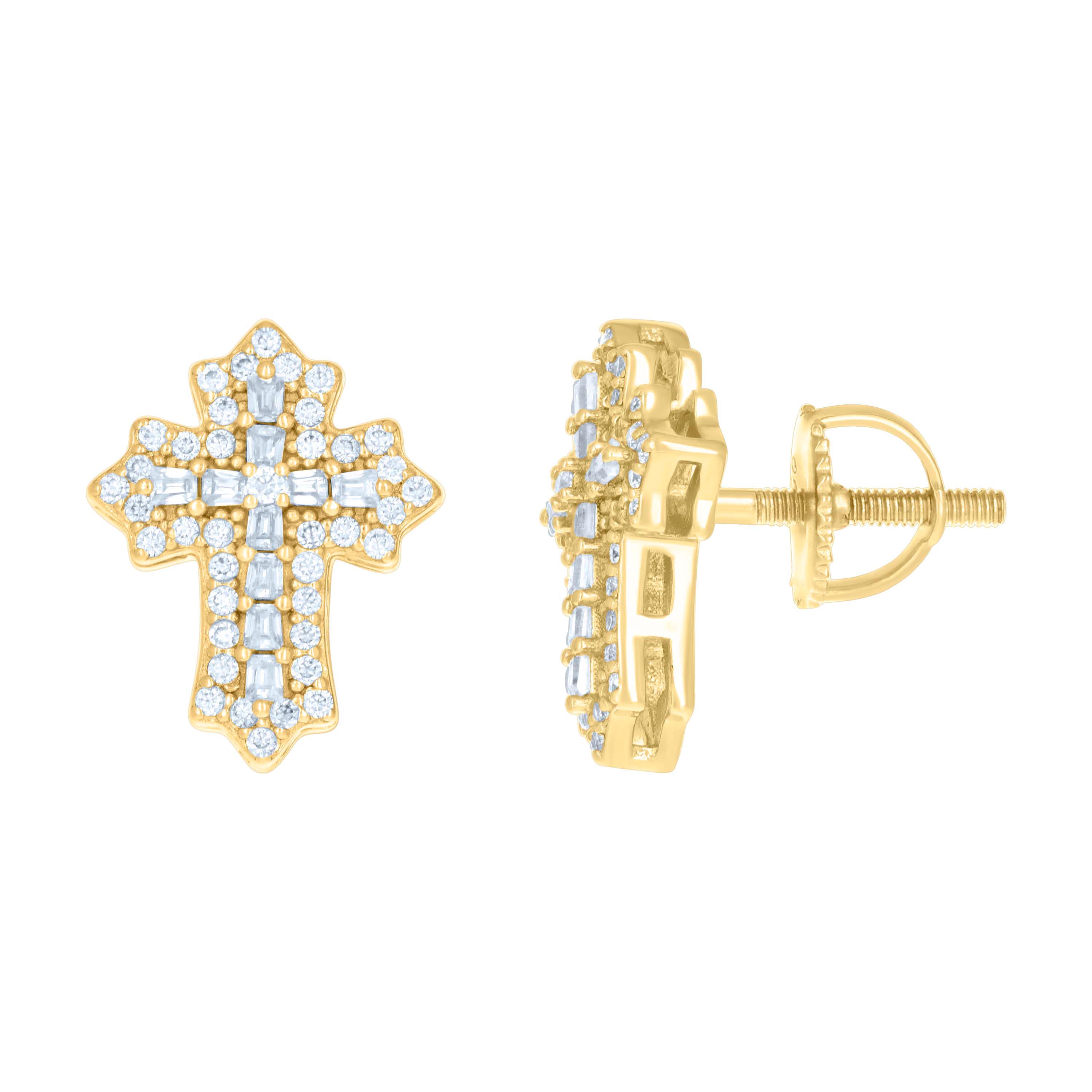 925 Sterling Silver Yellow-tone Womens 0.42ct Round 0.74ct Baguette Moissanite Cross Religious Stud Earrings