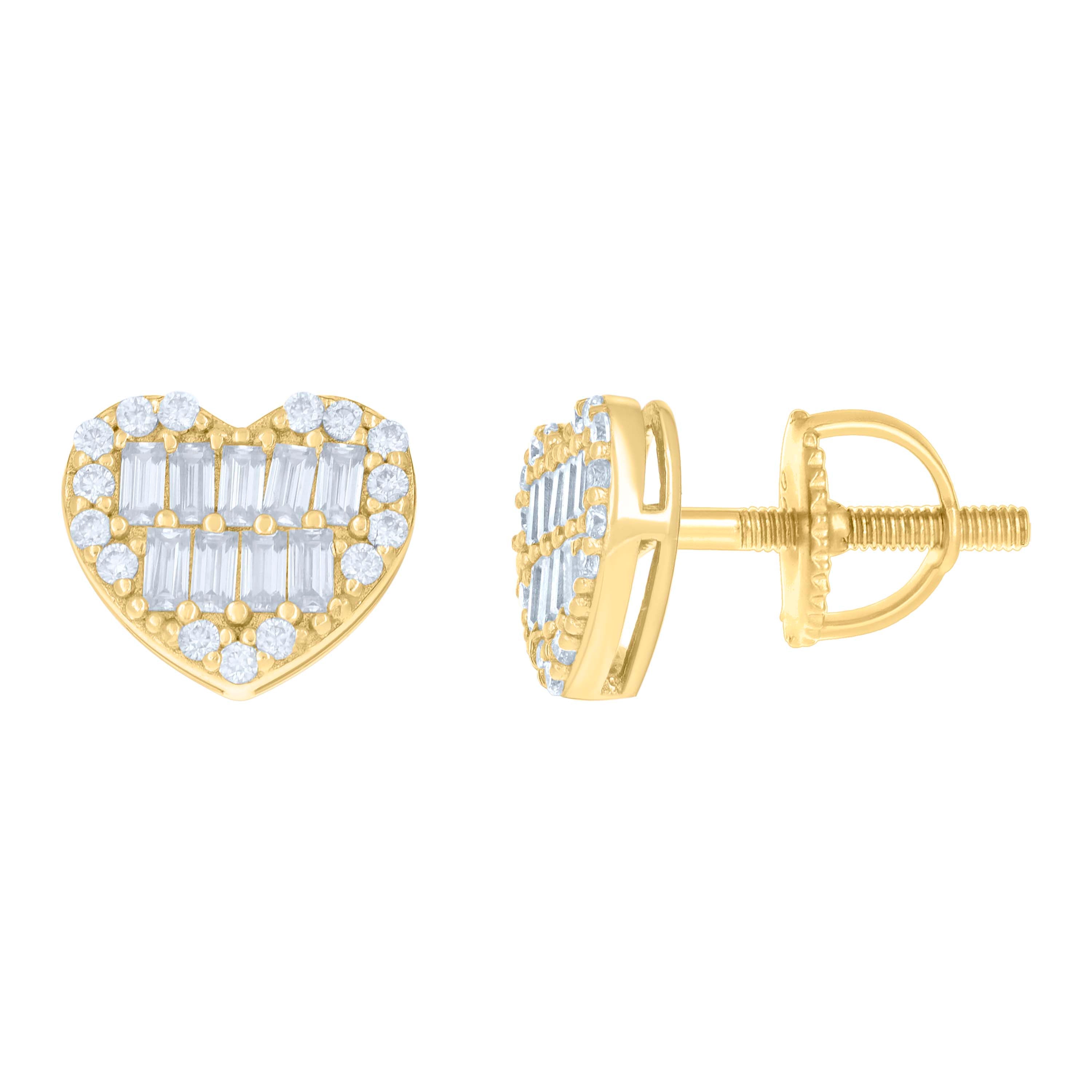 925 Sterling Silver Yellow-tone Womens 0.16ct Round 0.51ct Baguette Moissanite Love Heart Stud Earrings