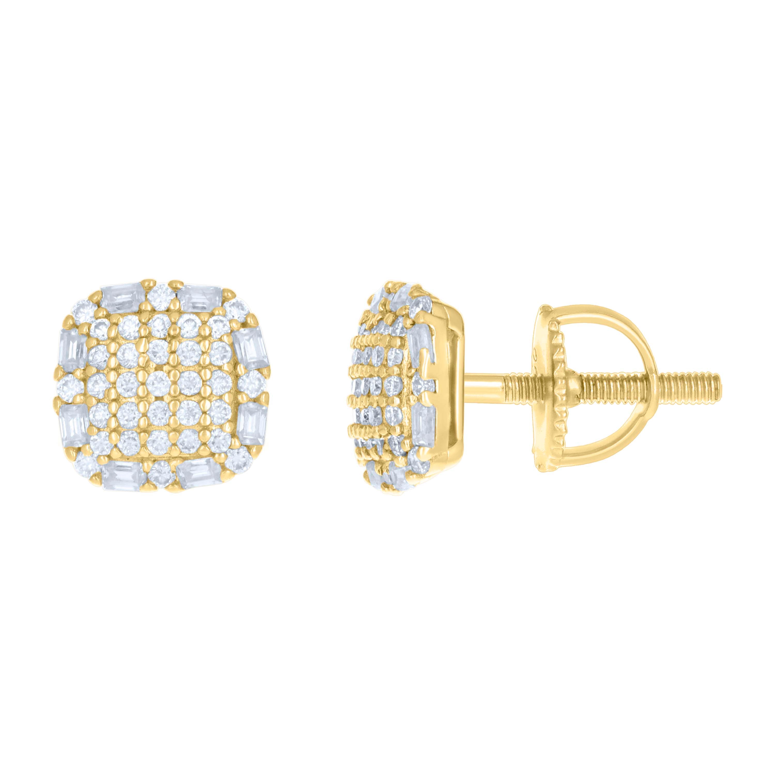 925 Sterling Silver Yellow-tone Womens 0.29ct Round 0.30ct Baguette Moissanite Square Fashion Stud Earrings