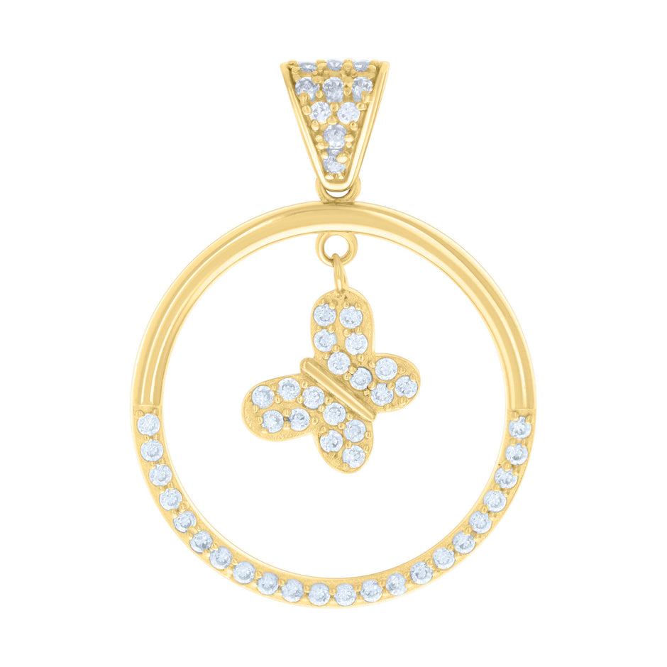 14kt Yellow Gold Womens Cubic-Zirconia Circle Butterfly Dangling Fashion Charm Pendant