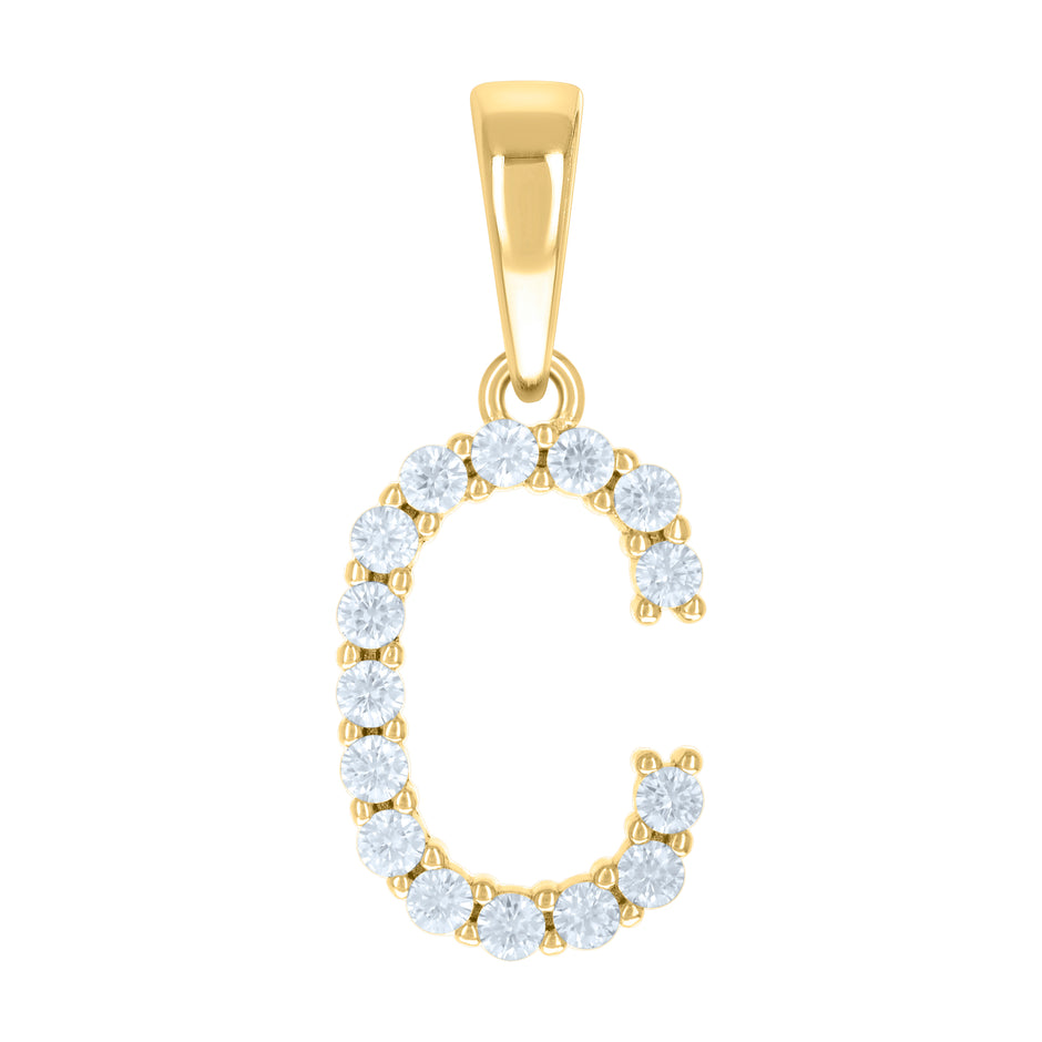 925 Sterling Silver Yellow-tone Unisex Cubic-Zirconia Initial C Alphabet Charm Pendant