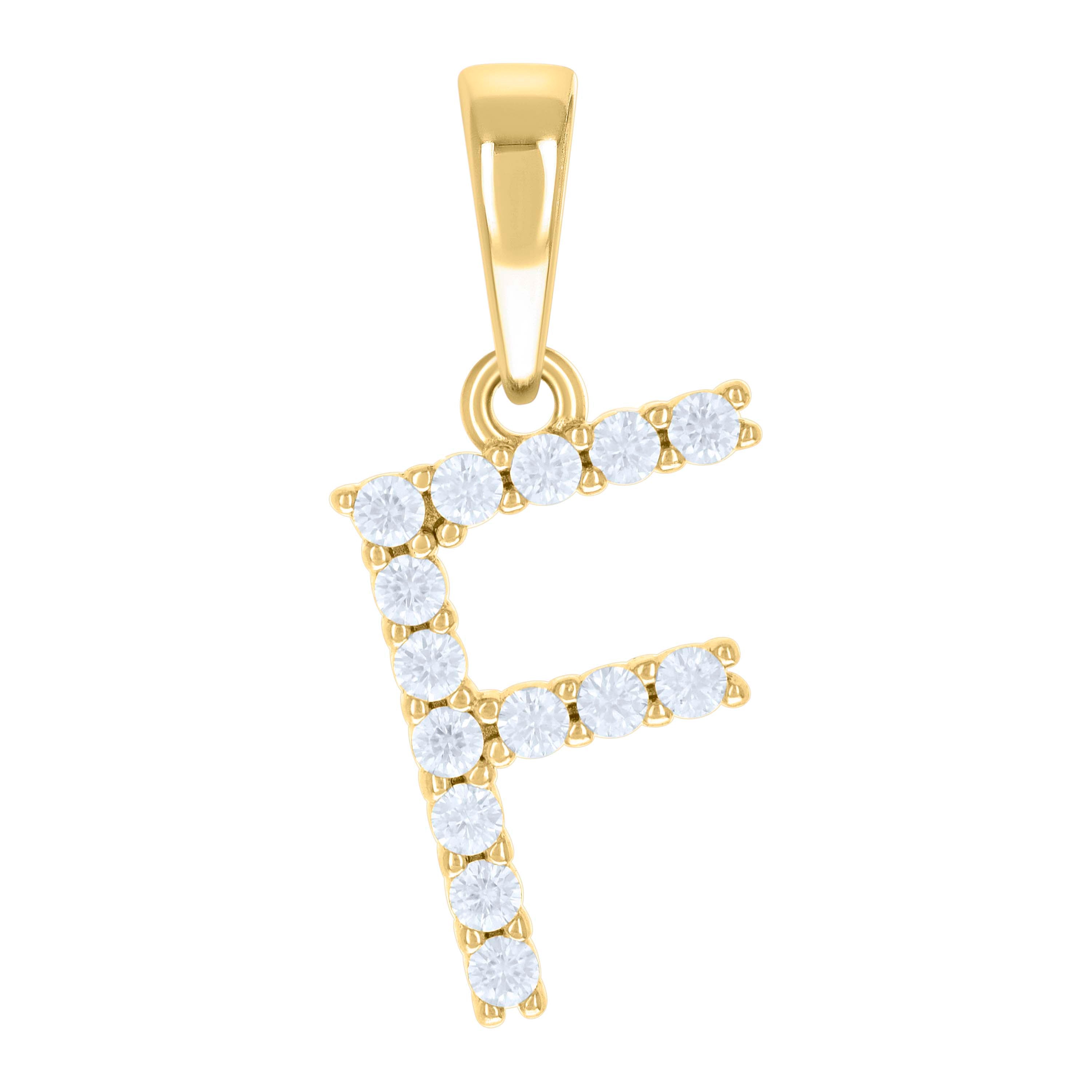 925 Sterling Silver Yellow-tone Unisex Cubic-Zirconia Initial F Alphabet Charm Pendant