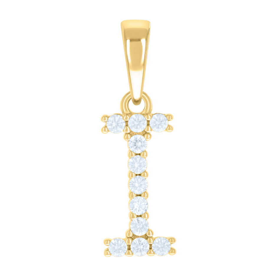 925 Sterling Silver Yellow-tone Unisex Cubic-Zirconia Initial I Alphabet Charm Pendant